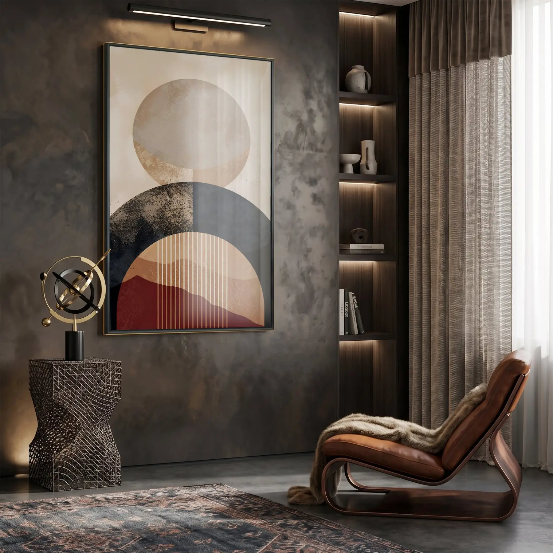 Geometrik Soyutlama Toprak Tonları Ve Tekli Siyah Metal Çerçeveli Cam Tablo Duvar Salon