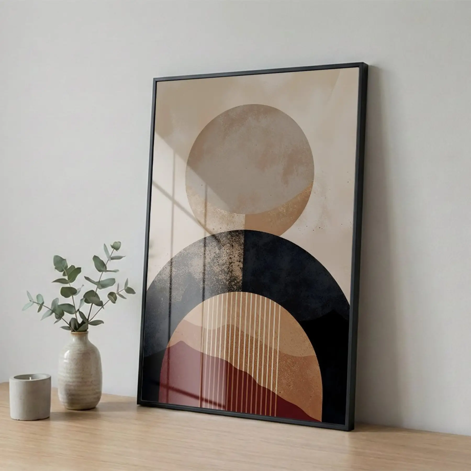 Geometrik Soyutlama Toprak Tonları Ve Tekli Siyah Metal Çerçeveli Cam Tablo Duvar Salon
