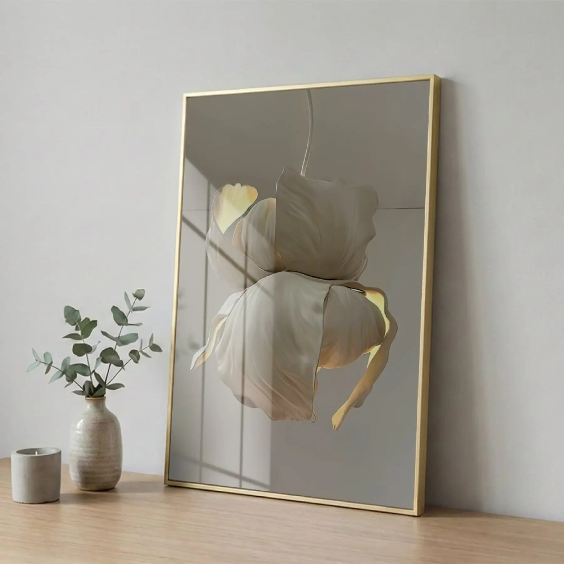 Organik Form Krem Tonları Tekli Gold Metal Çerçeveli Cam Tablo Yatak Odası Koridor