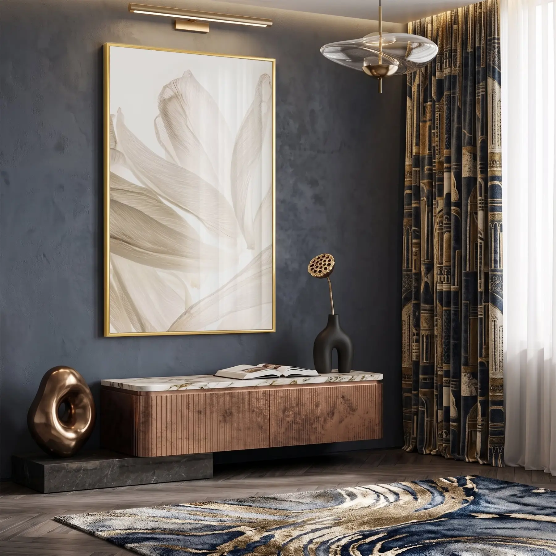 Eterik Yapraklar Uçuk Bej Tonları Tekli Gold Metal Çerçeveli Cam Tablo Poster Dekoratif