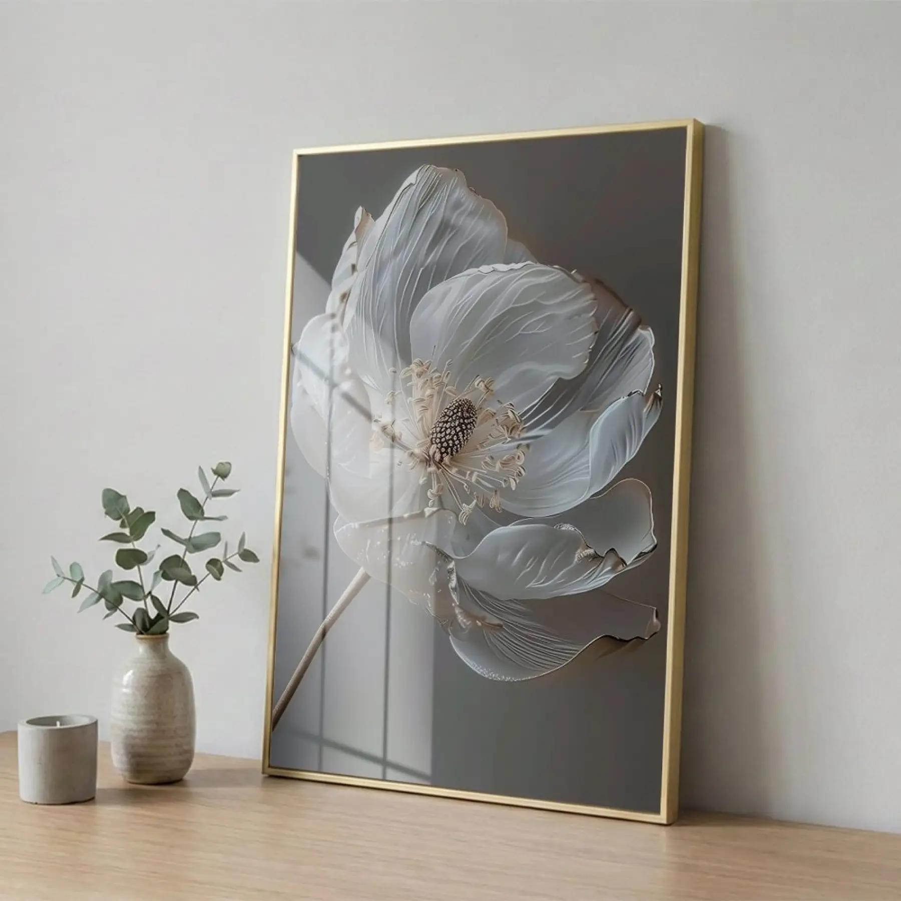 Büyük Çiçek Nötr Gri Tonları Tekli Gold Metal Çerçeveli Cam Tablo Duvar Salon