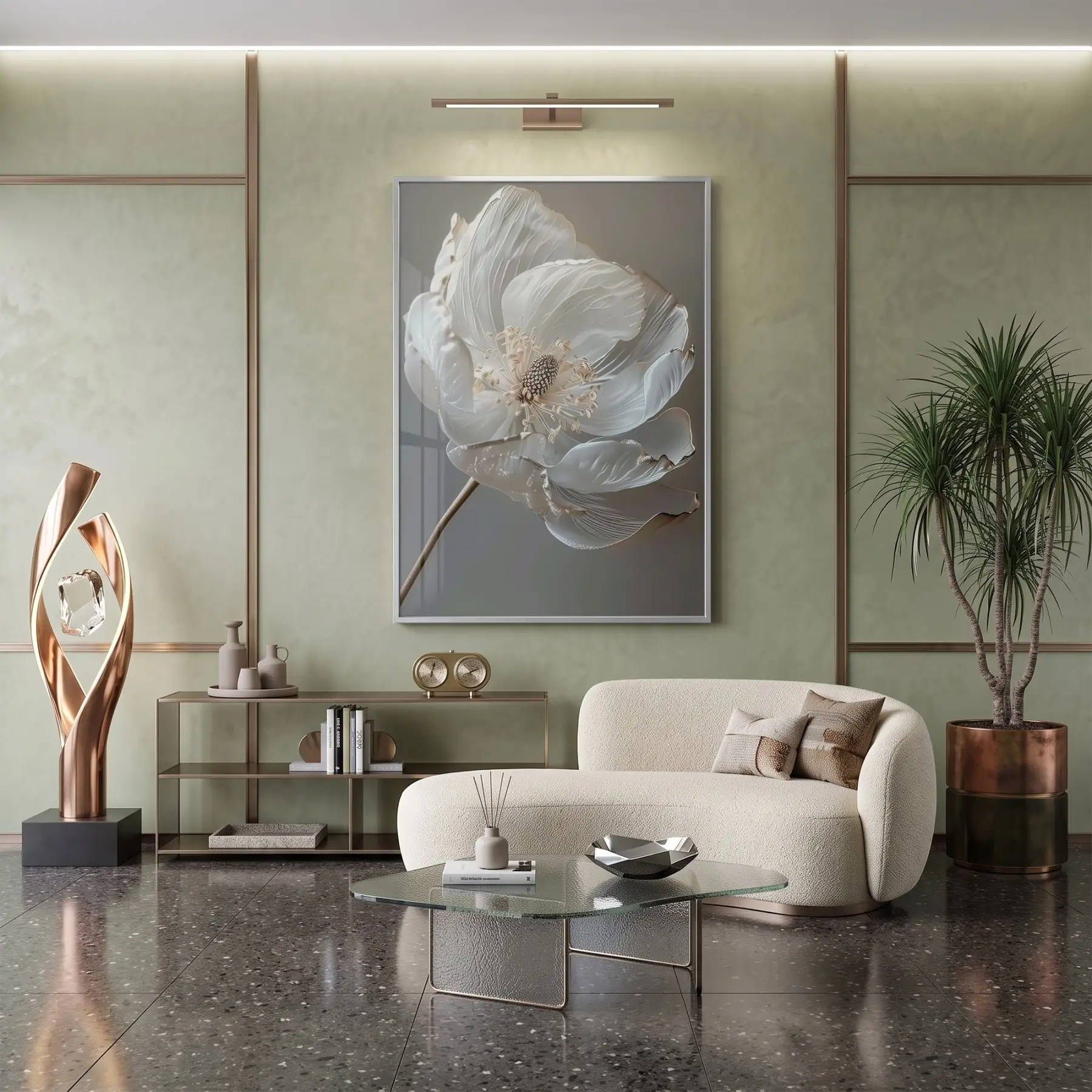 Büyük Çiçek Nötr Gri Tonları Tekli Gümüş Metal Çerçeveli Cam Tablo Poster Dekoratif