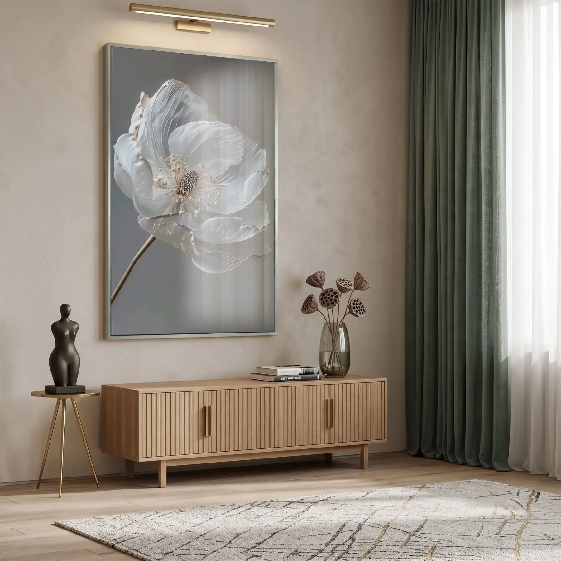 Büyük Çiçek Nötr Gri Tonları Tekli Gümüş Metal Çerçeveli Cam Tablo Poster Dekoratif