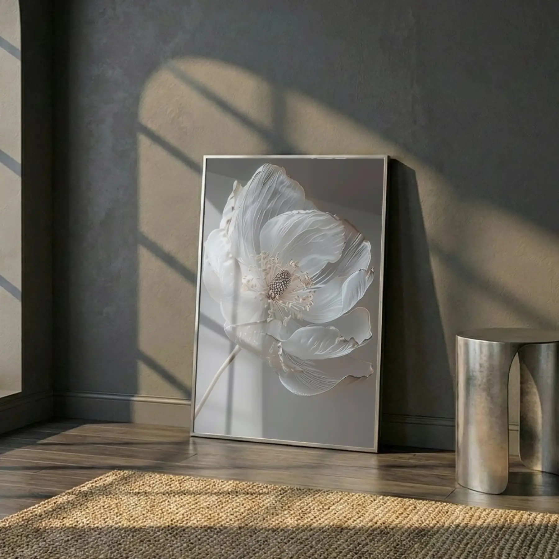 Büyük Çiçek Nötr Gri Tonları Tekli Gümüş Metal Çerçeveli Cam Tablo Poster Dekoratif