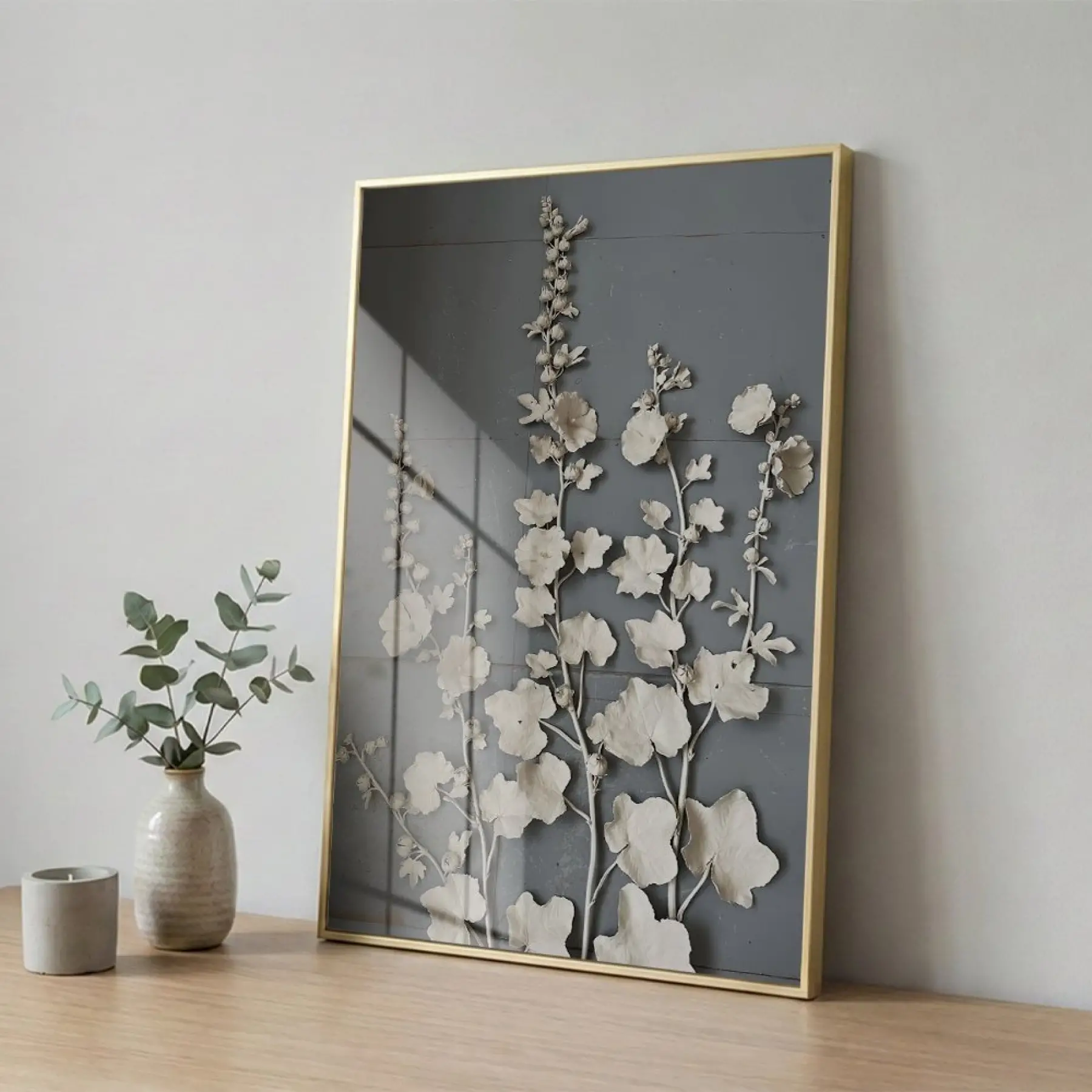 Bitkisel Motifler Koyu Gri Tonlar Tekli Gold Metal Çerçeveli Cam Tablo Yatak Odası