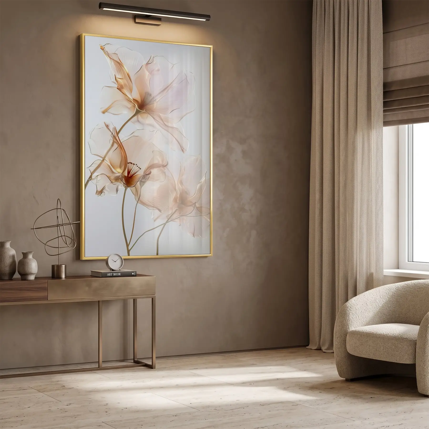 Şeffaf Çiçekler Sıcak Şeftali Tonları Tekli Gold Metal Çerçeveli Cam Tablo Poster Dekoratif