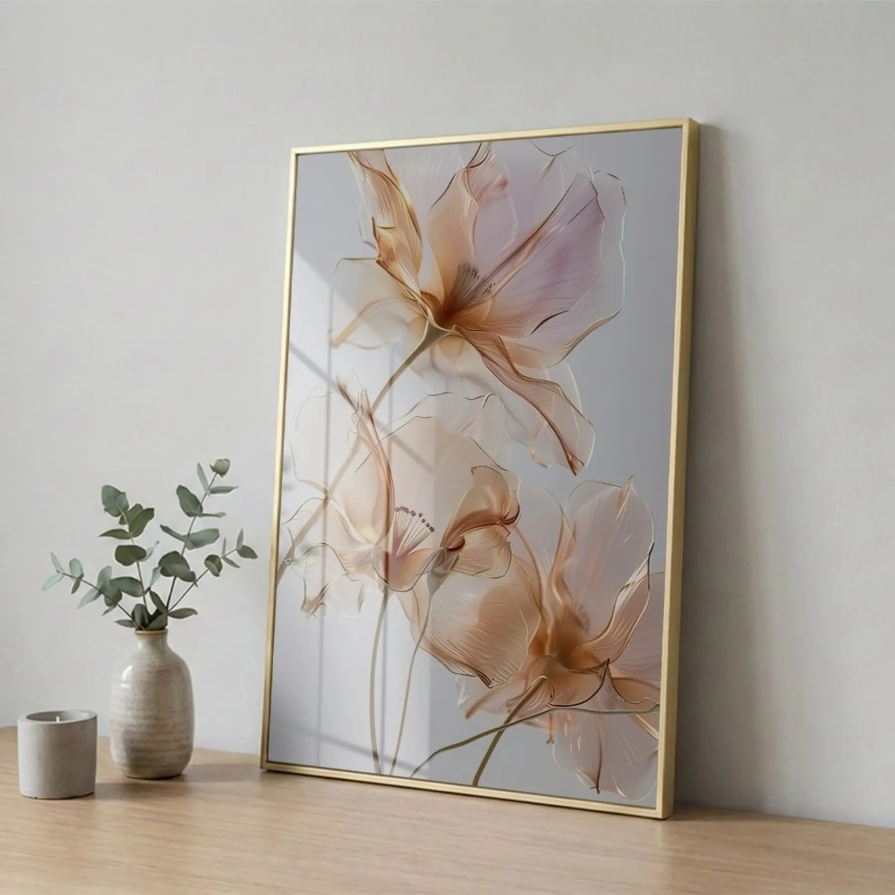Şeffaf Çiçekler Sıcak Şeftali Tonları Tekli Gold Metal Çerçeveli Cam Tablo Poster Dekoratif