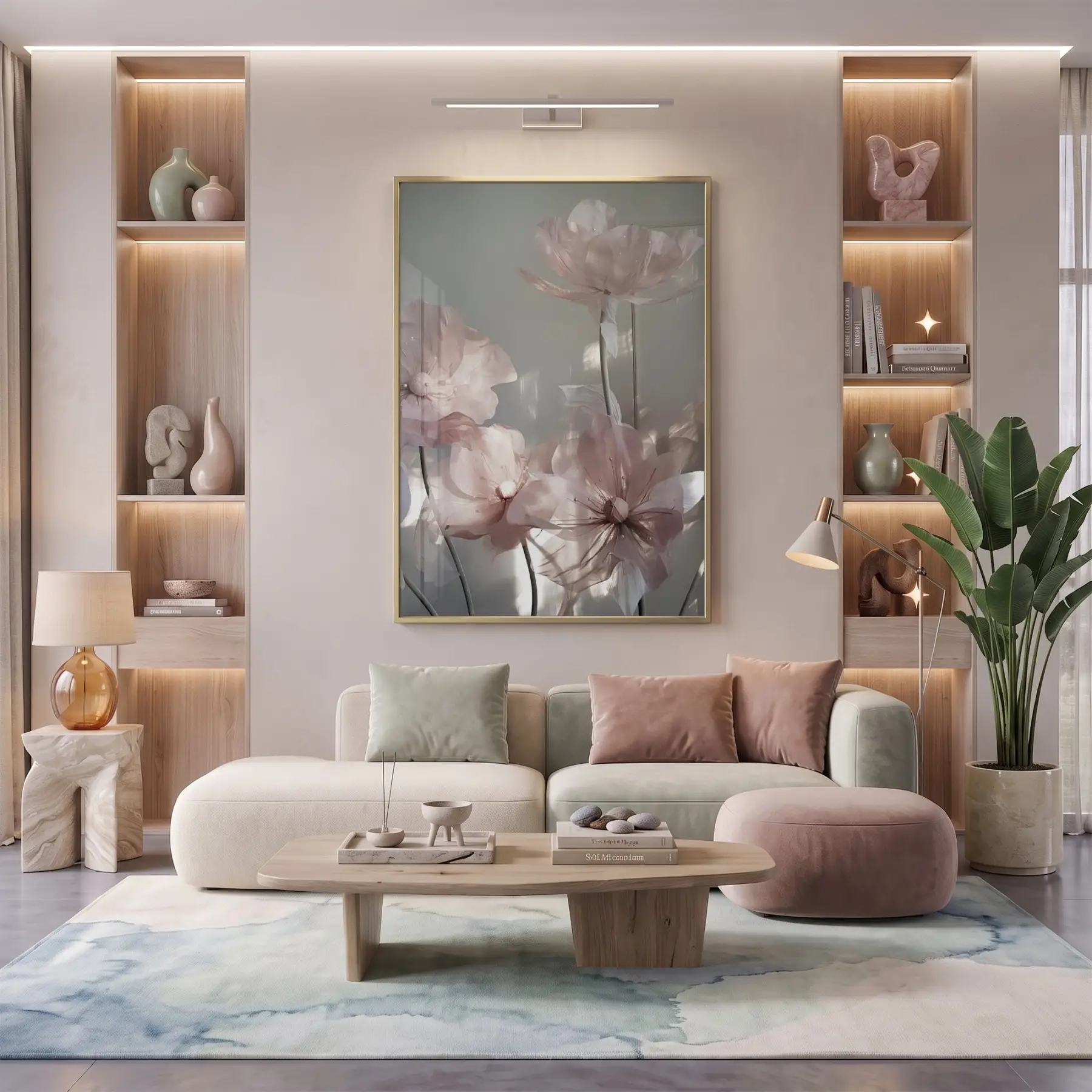 Şeffaf Çiçekler Pastel Pembe Tonları Tekli Gold Metal Çerçeveli Cam Tablo Duvar Salon