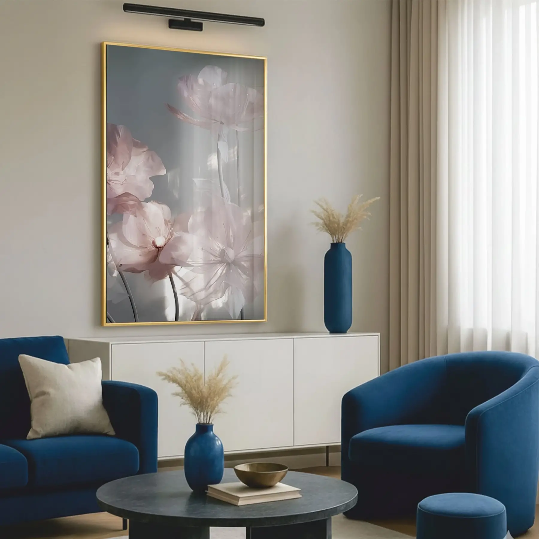 Şeffaf Çiçekler Pastel Pembe Tonları Tekli Gold Metal Çerçeveli Cam Tablo Duvar Salon