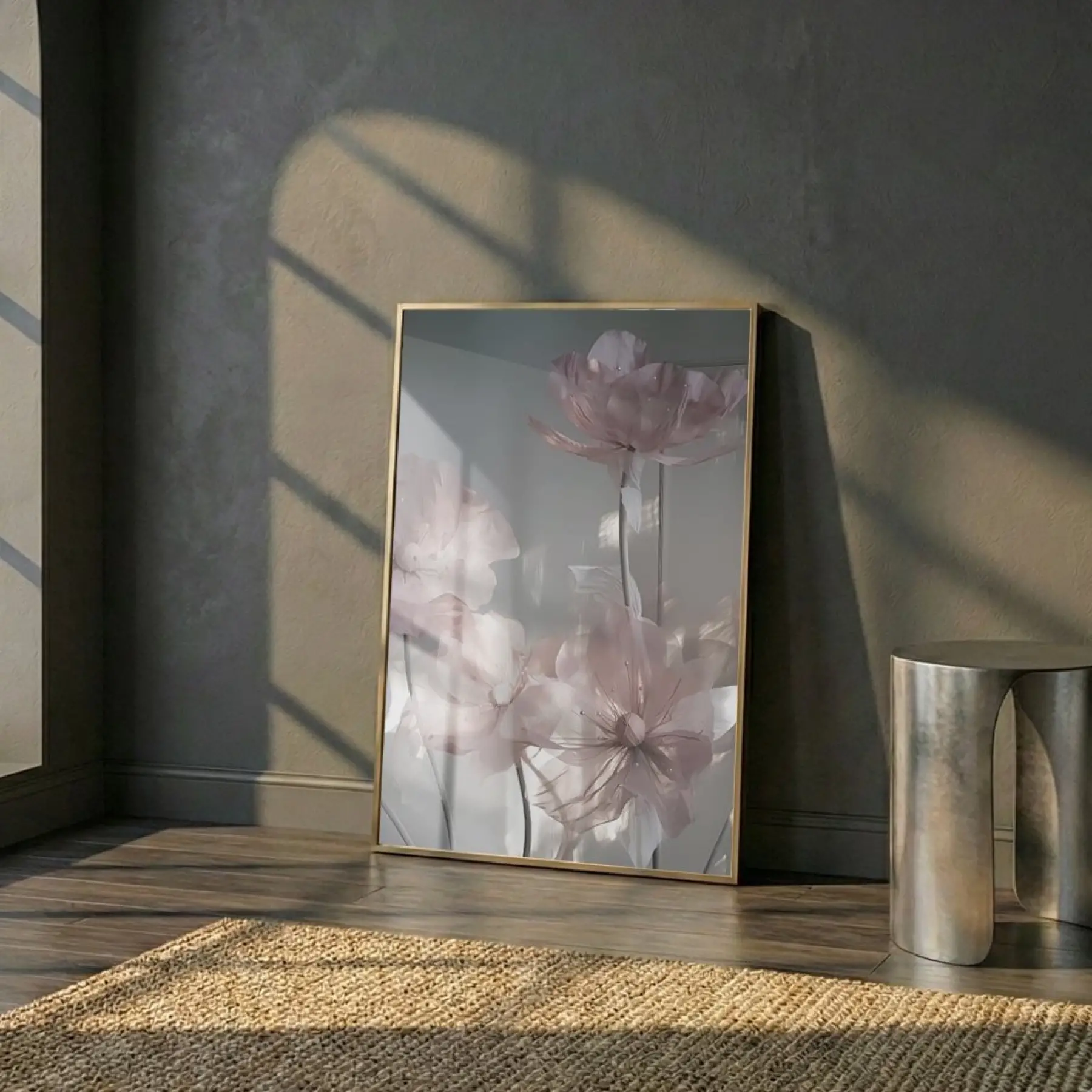 Şeffaf Çiçekler Pastel Pembe Tonları Tekli Gold Metal Çerçeveli Cam Tablo Duvar Salon