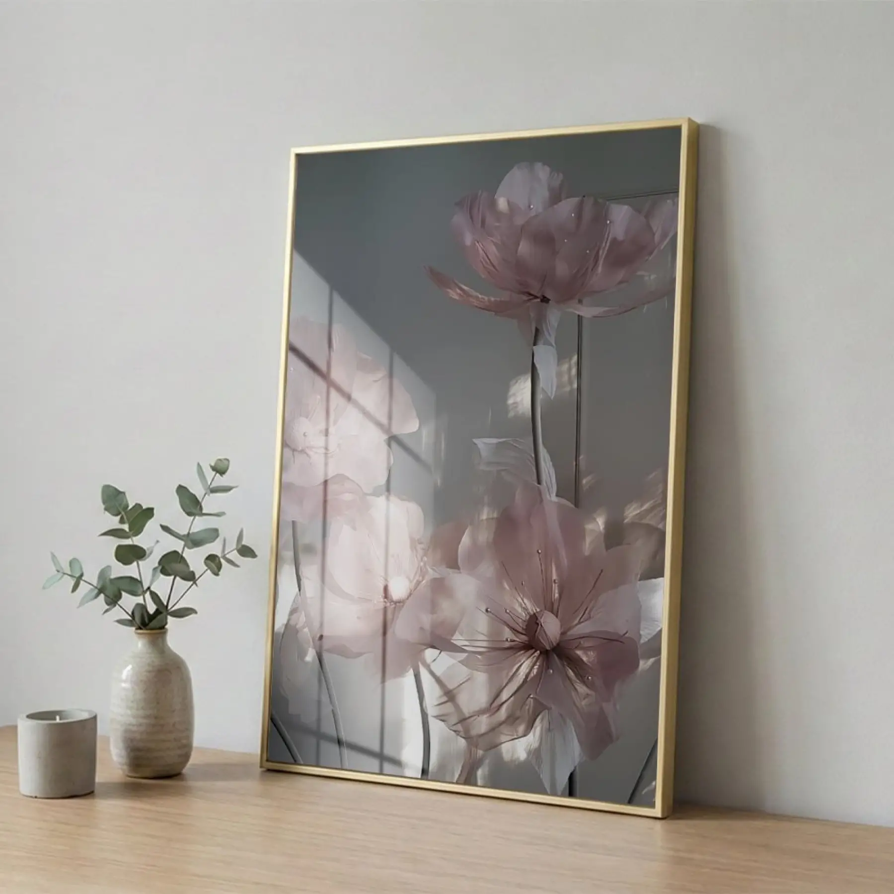 Şeffaf Çiçekler Pastel Pembe Tonları Tekli Gold Metal Çerçeveli Cam Tablo Duvar Salon