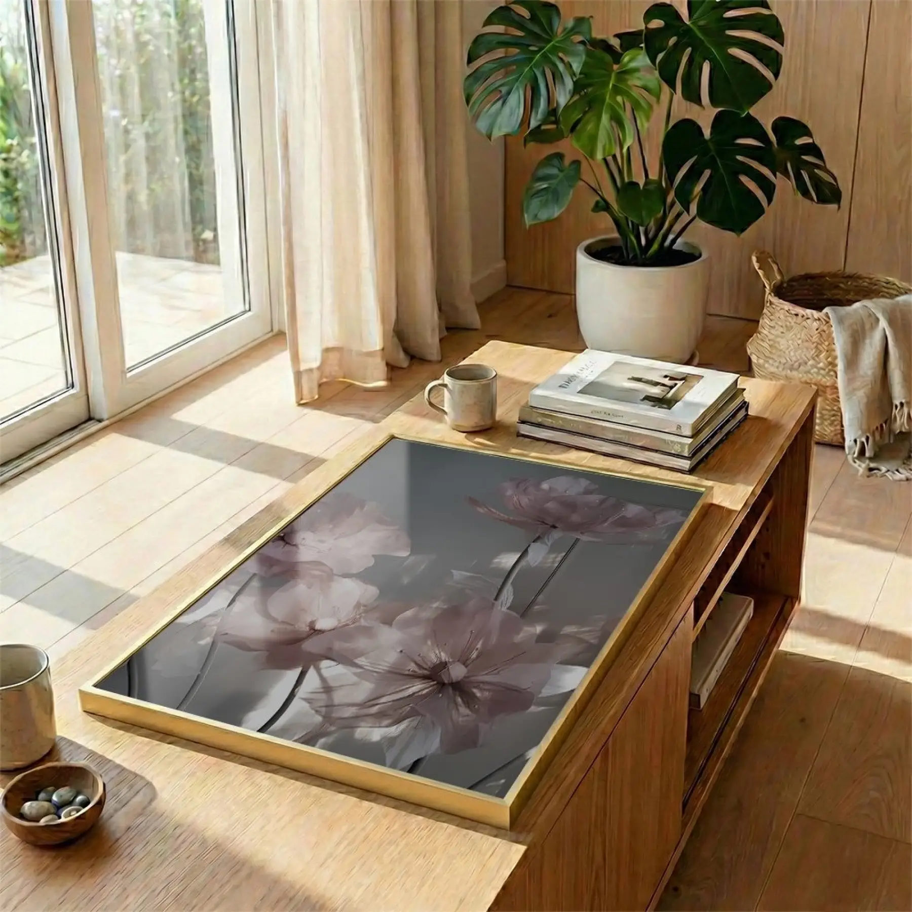 Şeffaf Çiçekler Pastel Pembe Tonları Tekli Gold Metal Çerçeveli Cam Tablo Duvar Salon