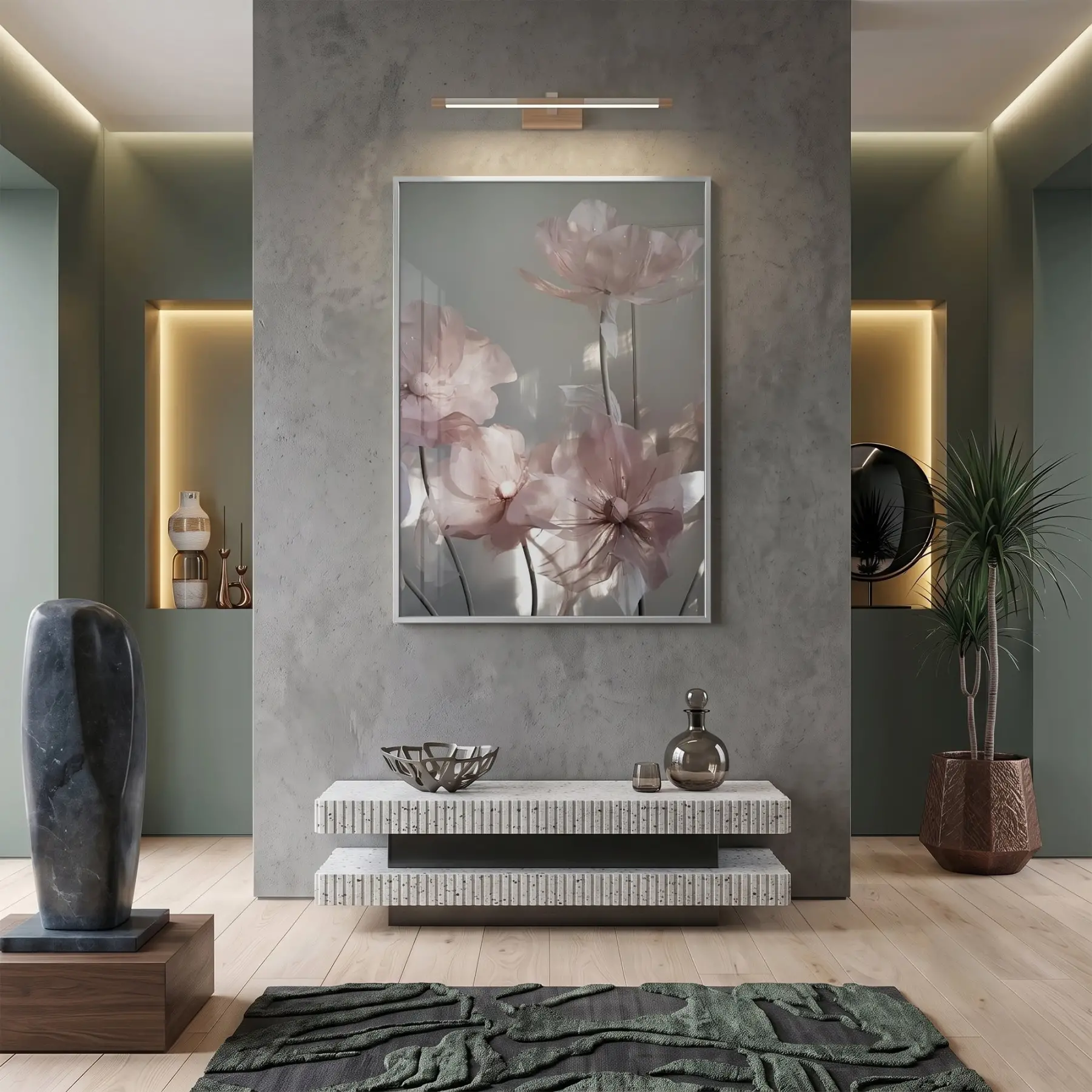 Şeffaf Çiçekler Pastel Pembe Tonları Tekli Gümüş Metal Çerçeveli Cam Tablo Poster Dekoratif