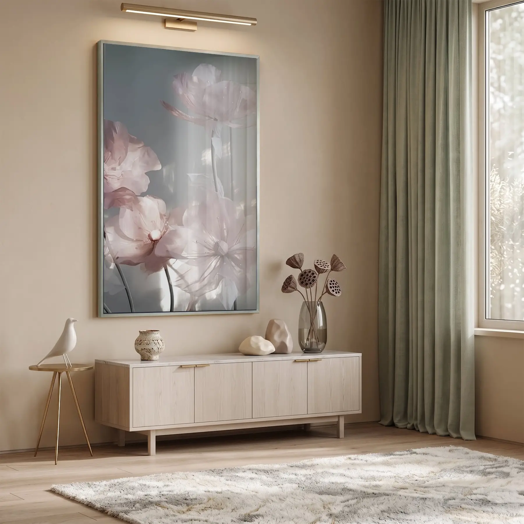Şeffaf Çiçekler Pastel Pembe Tonları Tekli Gümüş Metal Çerçeveli Cam Tablo Poster Dekoratif
