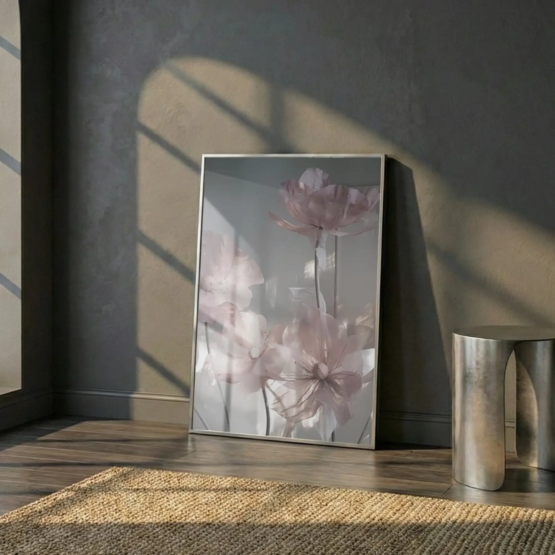 Şeffaf Çiçekler Pastel Pembe Tonları Tekli Gümüş Metal Çerçeveli Cam Tablo Poster Dekoratif