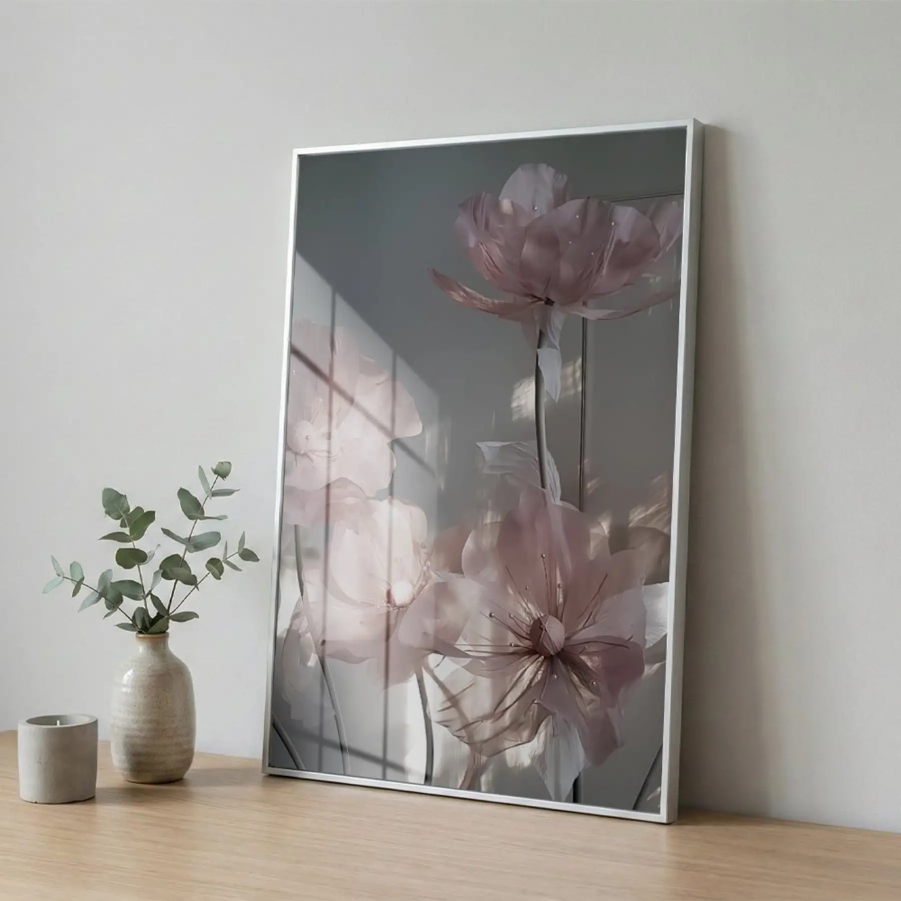 Şeffaf Çiçekler Pastel Pembe Tonları Tekli Gümüş Metal Çerçeveli Cam Tablo Poster Dekoratif