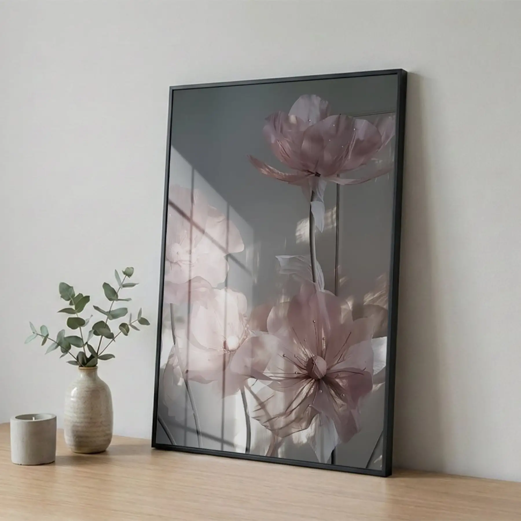 Şeffaf Çiçekler Pastel Pembe Tonları Tekli Siyah Metal Çerçeveli Cam Tablo Yatak Odası