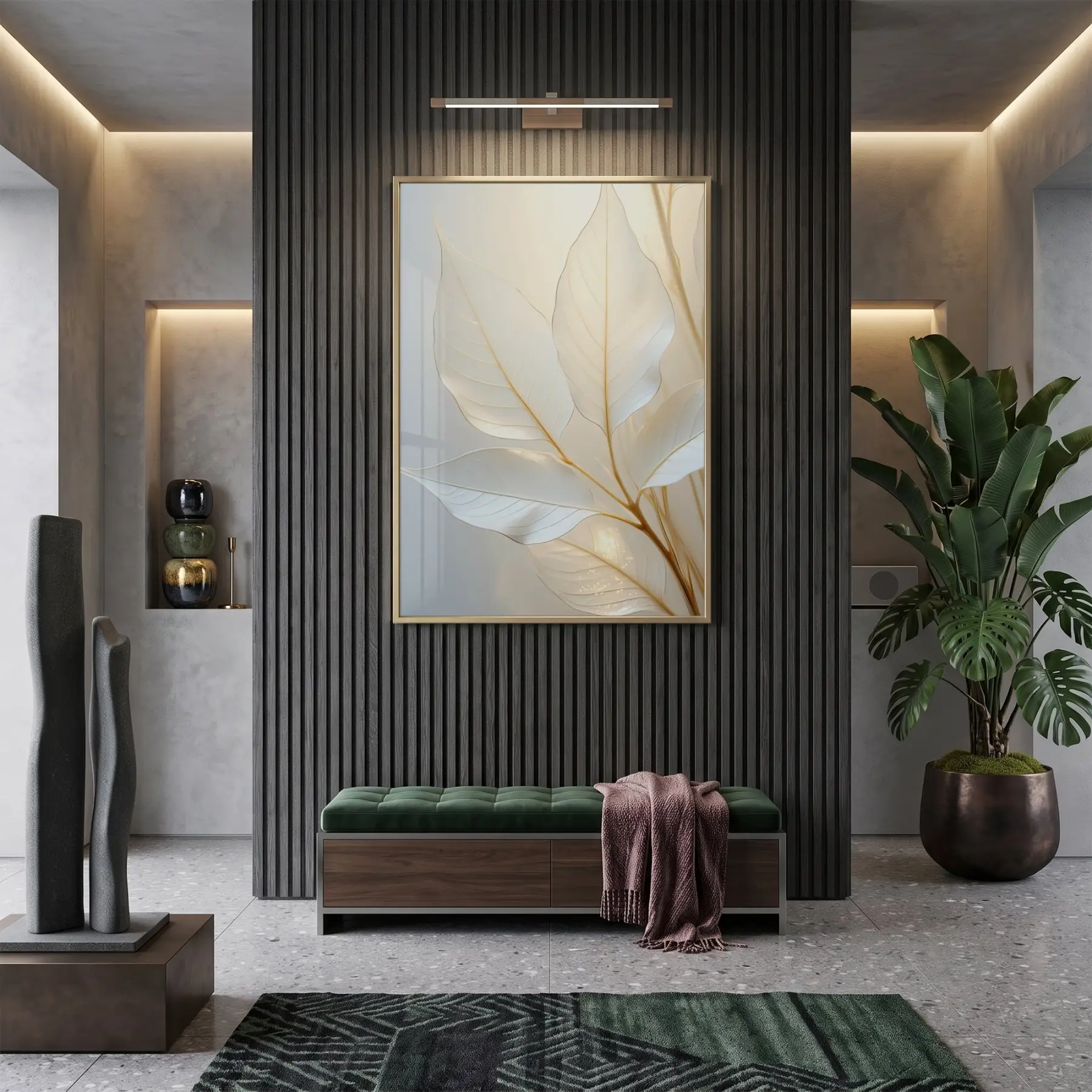 Eterik Yapraklar Nötr Krem Tekli Gold Metal Çerçeveli Cam Tablo Poster Dekoratif Obje