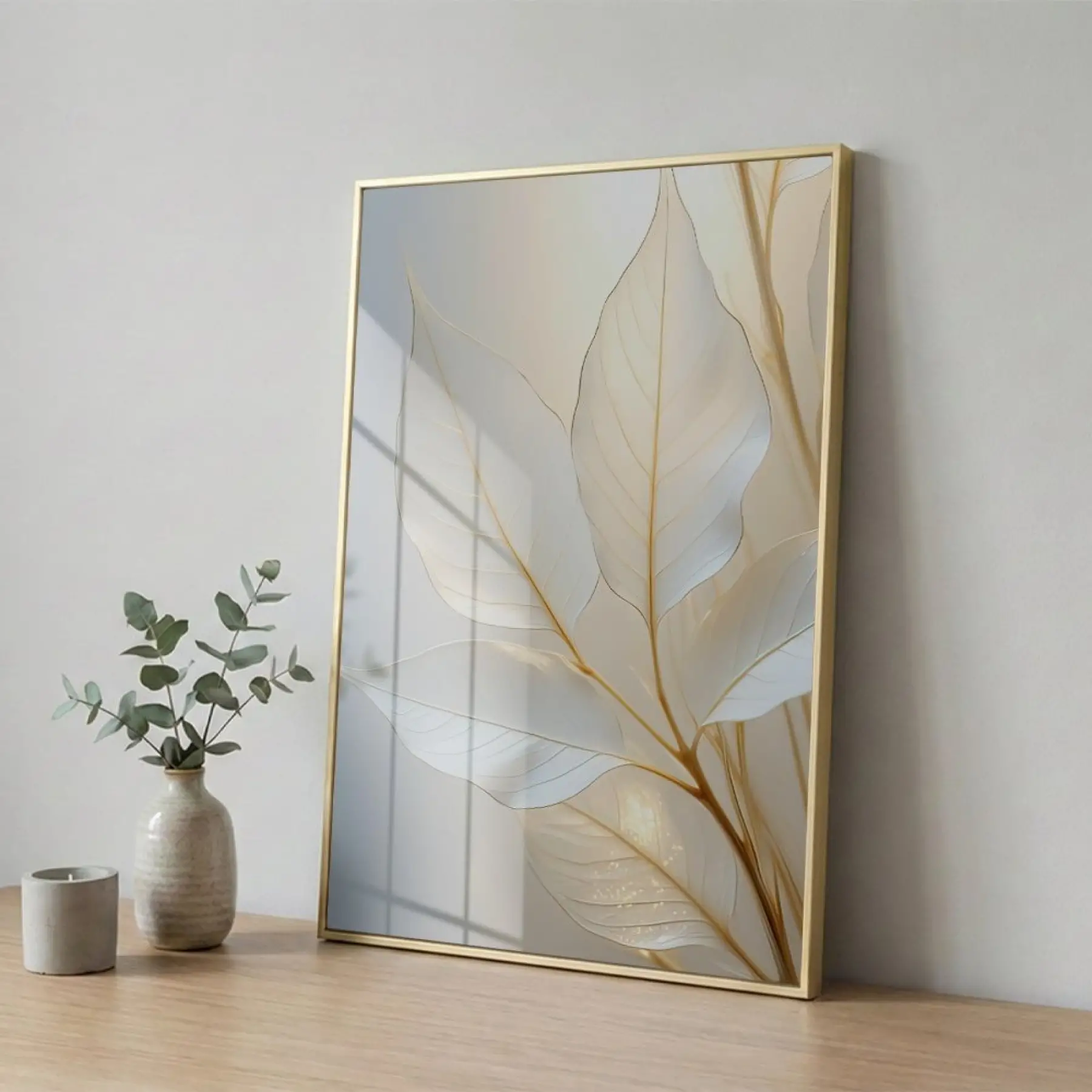Eterik Yapraklar Nötr Krem Tekli Gold Metal Çerçeveli Cam Tablo Poster Dekoratif Obje