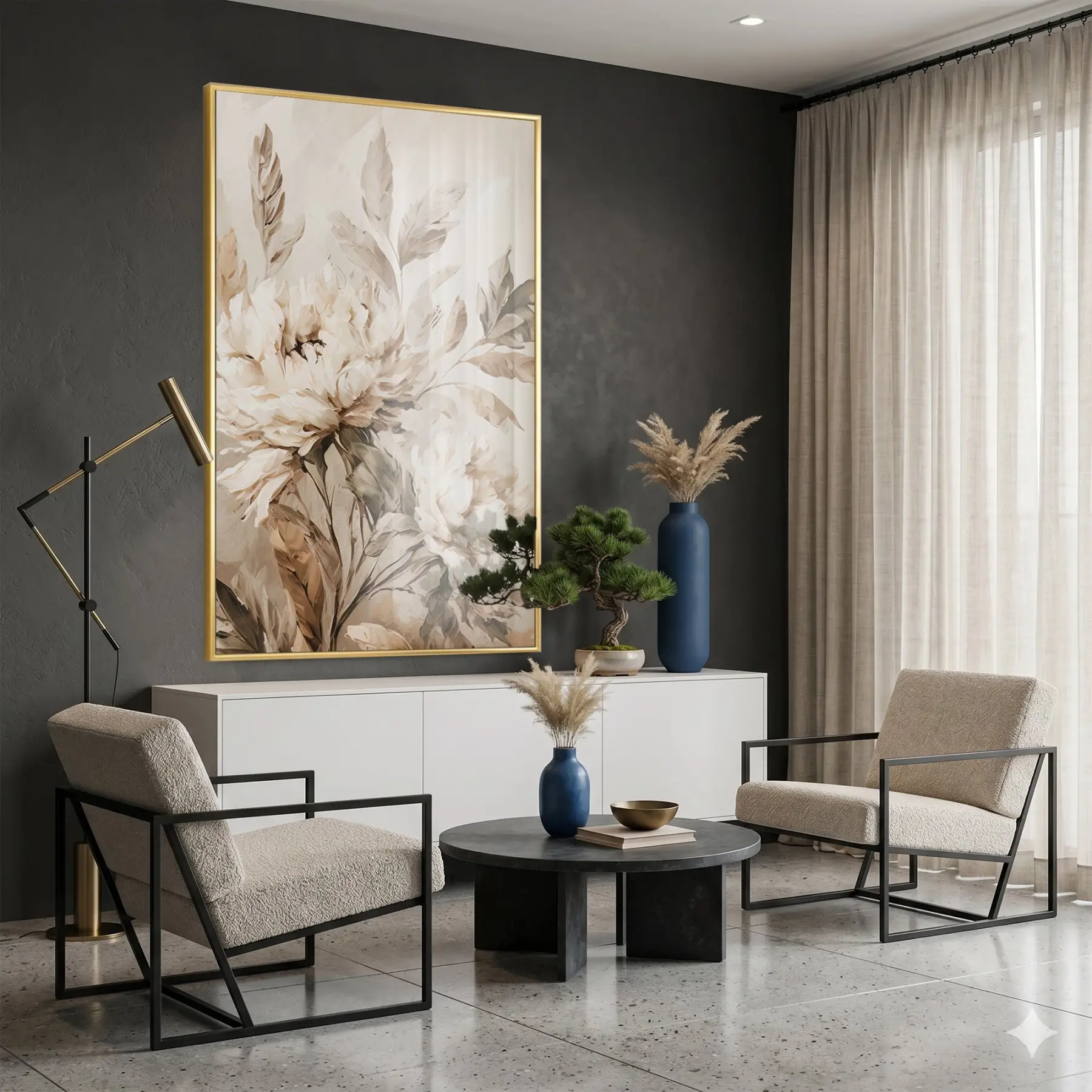 Soyut Çiçekler Sıcak Bej Tonlar Tekli Gold Metal Çerçeveli Cam Tablo Duvar Salon