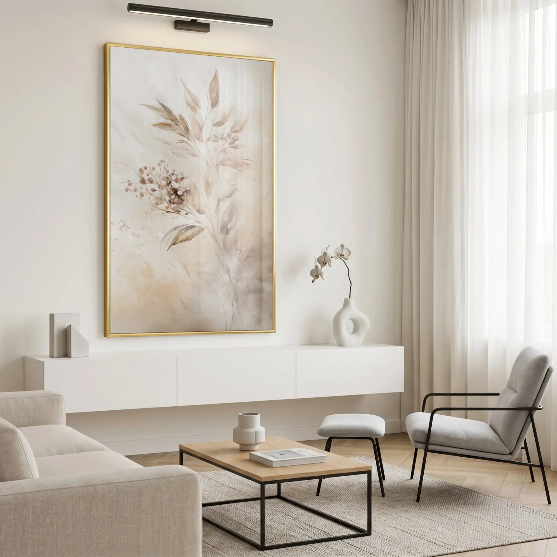 Bitki Desen Sıcak Bej Tonları Tekli Gold Metal Çerçeveli Cam Tablo Salon Oturma