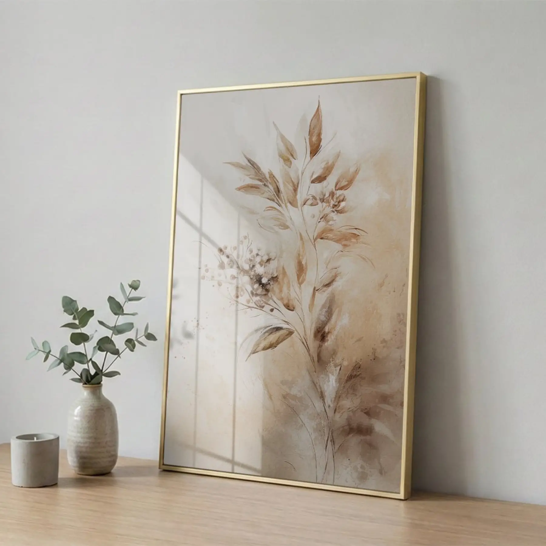 Bitki Desen Sıcak Bej Tonları Tekli Gold Metal Çerçeveli Cam Tablo Salon Oturma