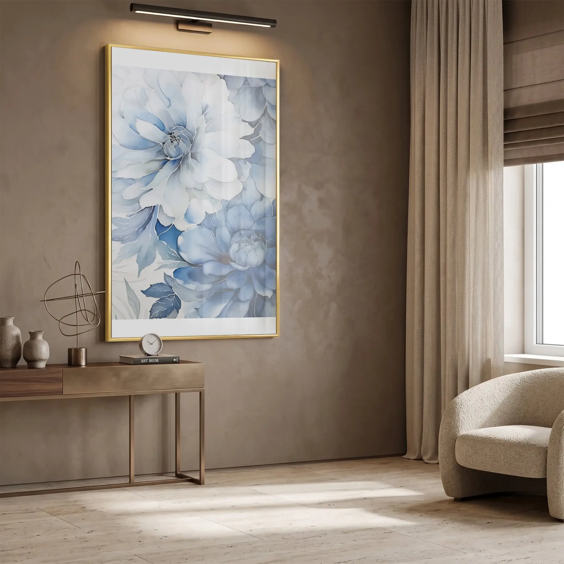 Suluboya Çiçek Buz Mavisi Tonları Tekli Gold Metal Çerçeveli Cam Tablo Poster Dekoratif