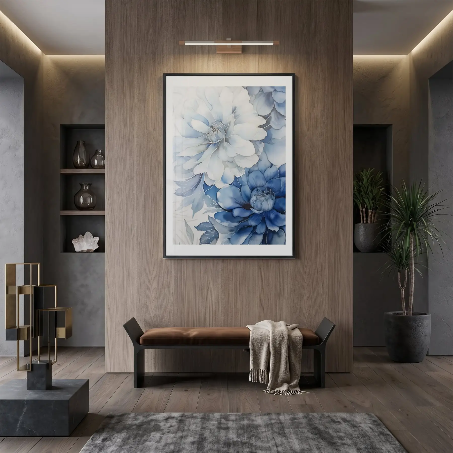 Suluboya Çiçek Buz Mavisi Tonları Tekli Siyah Metal Çerçeveli Cam Tablo Poster Dekoratif