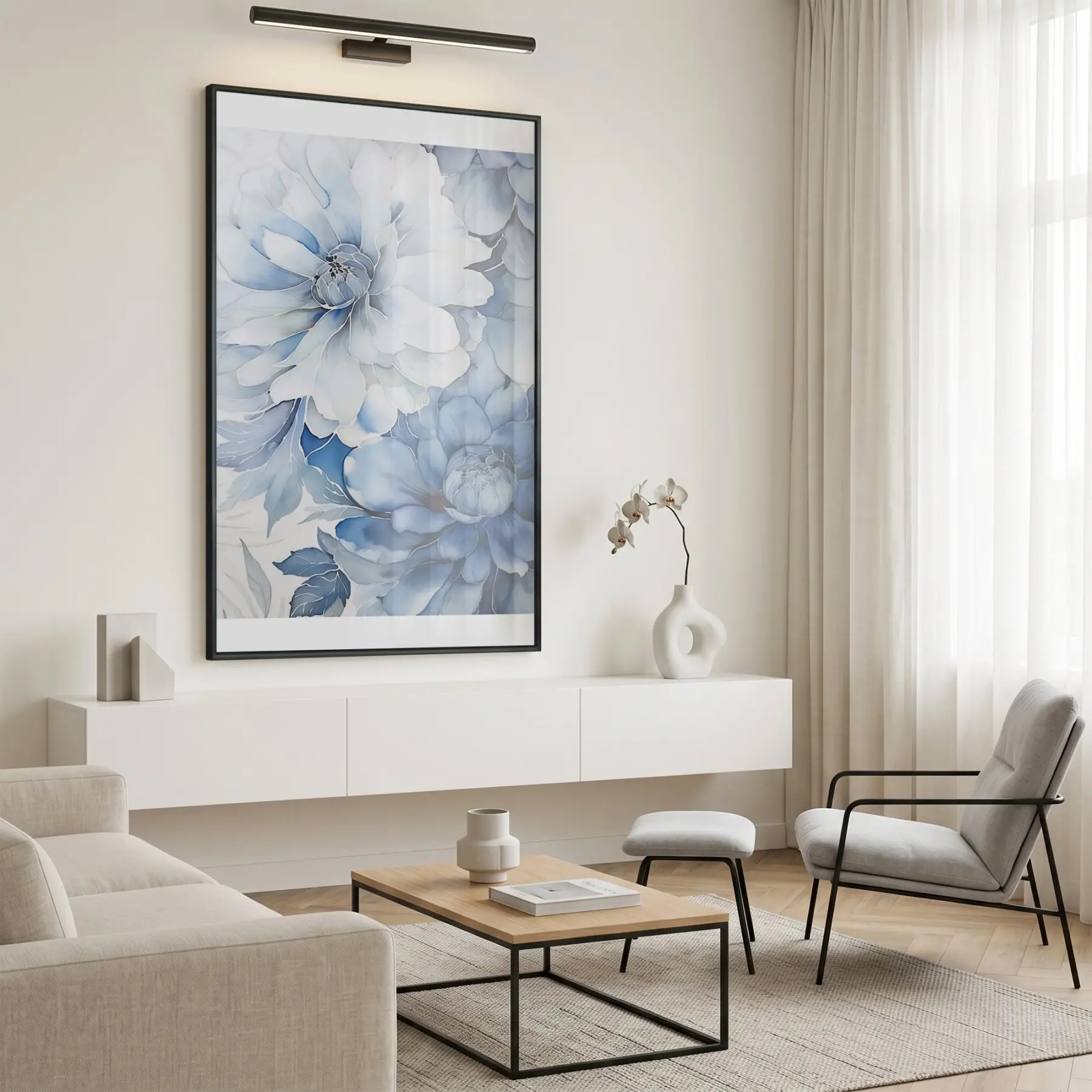 Suluboya Çiçek Buz Mavisi Tonları Tekli Siyah Metal Çerçeveli Cam Tablo Poster Dekoratif
