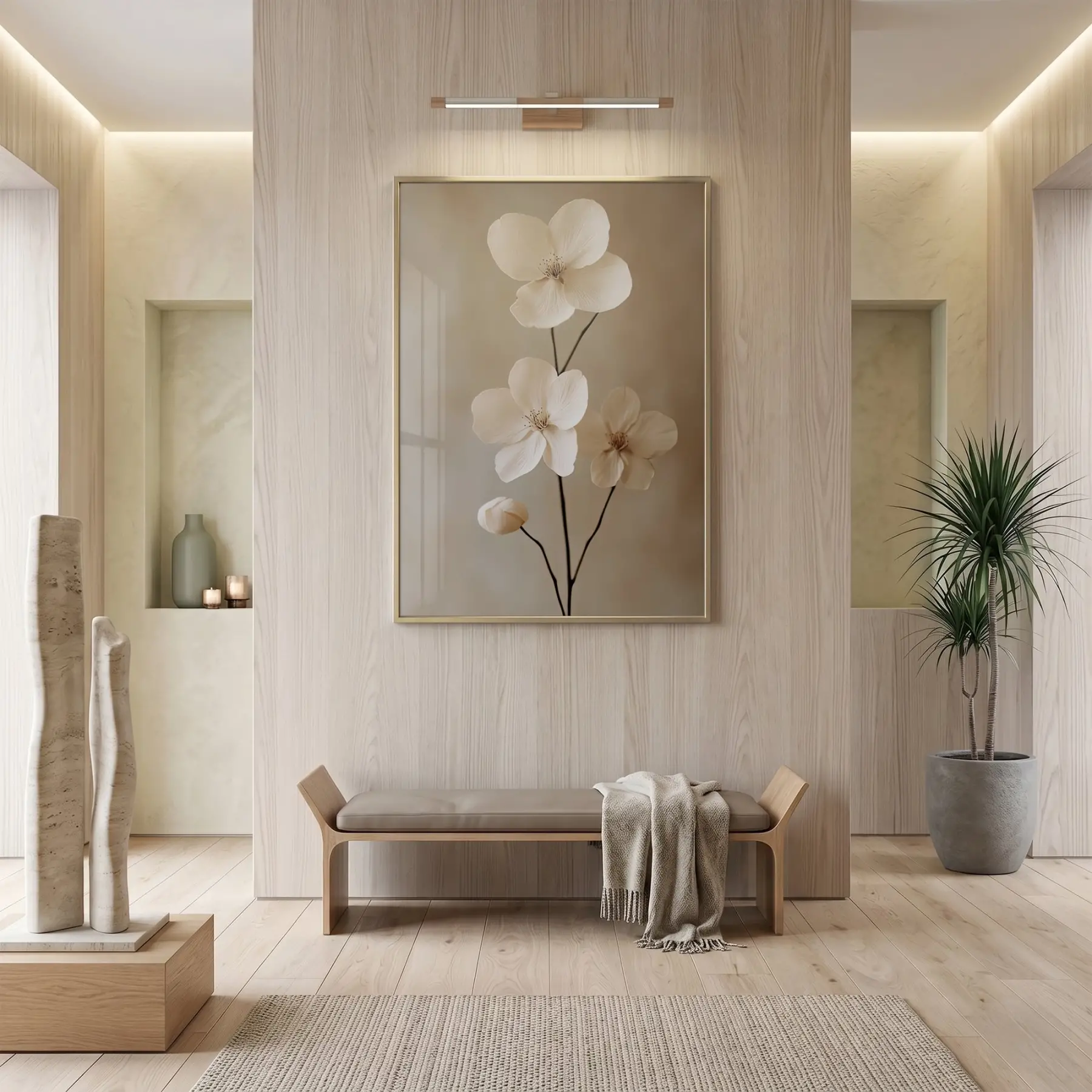 Çiçek Dalı Doğal Nude Tonlar Tekli Gold Metal Çerçeveli Cam Tablo Duvar Salon