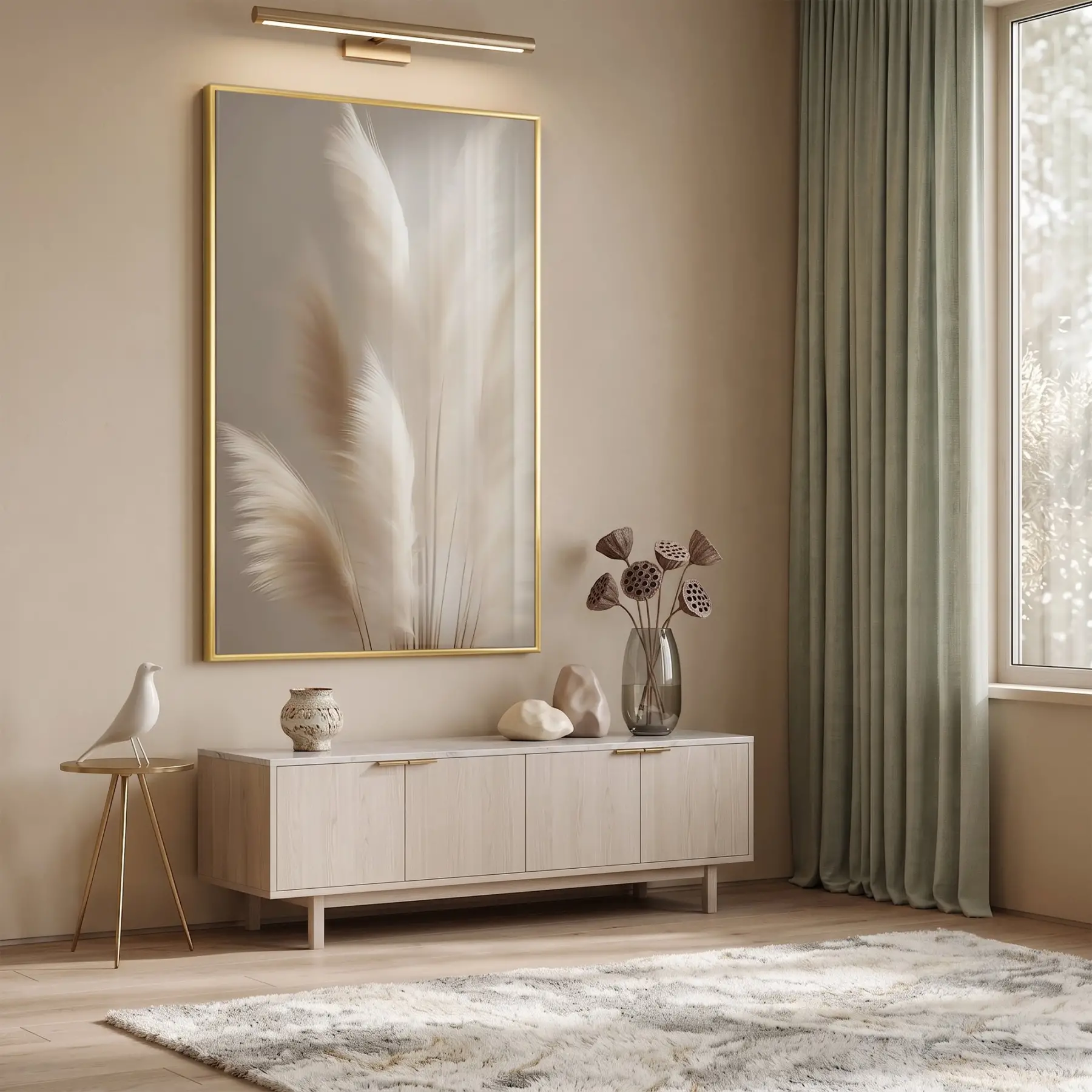 Pampas Otu Bej Tonları Tekli Gold Metal Çerçeveli Cam Tablo Salon Oturma Odası