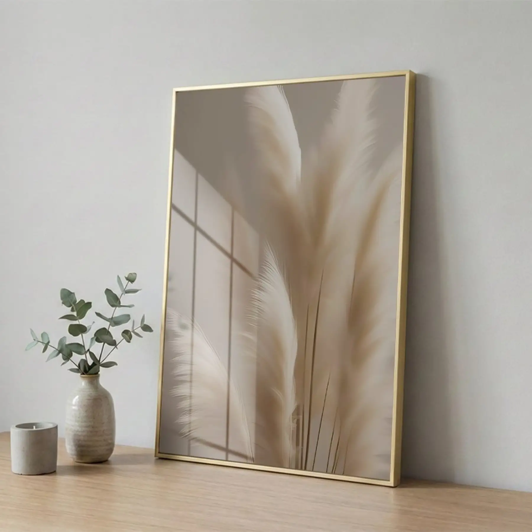Pampas Otu Bej Tonları Tekli Gold Metal Çerçeveli Cam Tablo Salon Oturma Odası