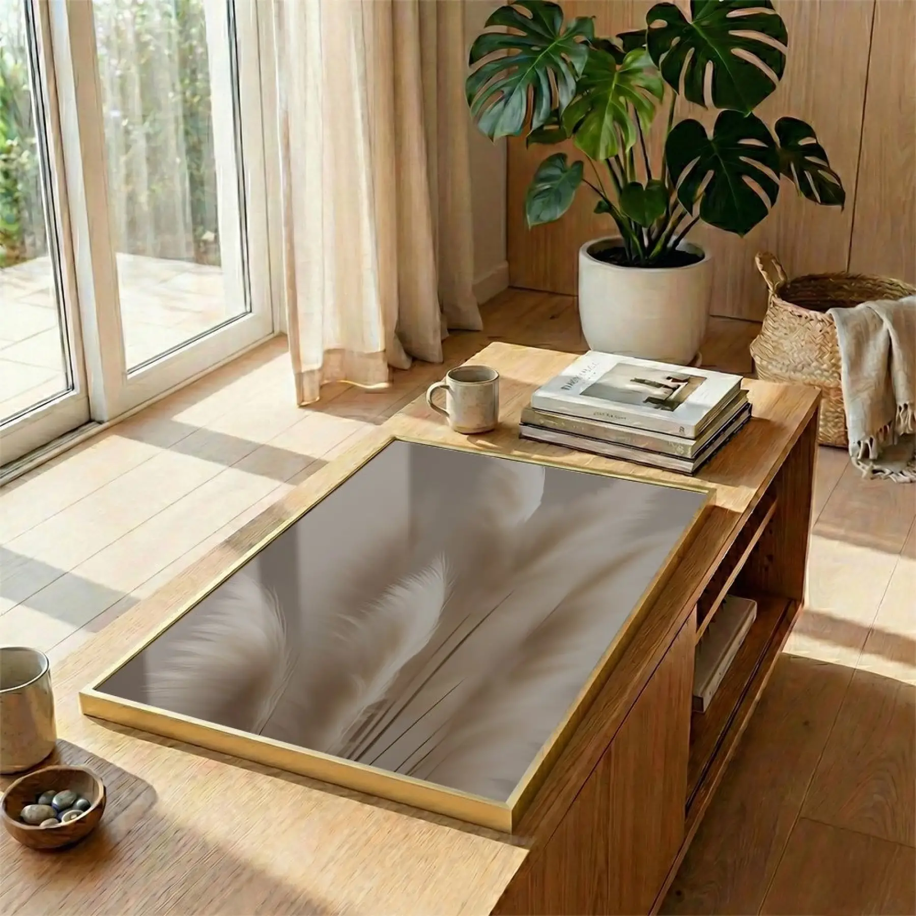 Pampas Otu Bej Tonları Tekli Gold Metal Çerçeveli Cam Tablo Salon Oturma Odası