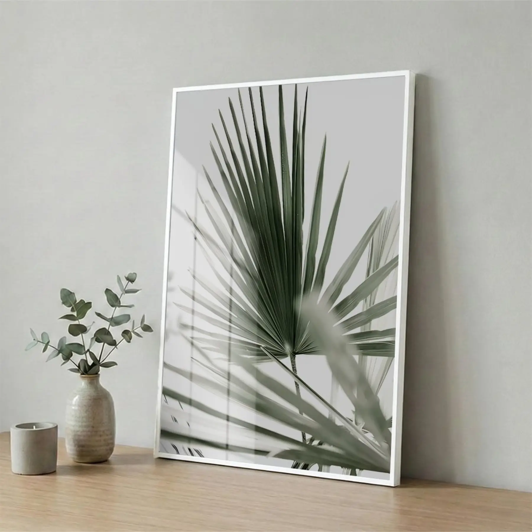 Palmiye Yaprağı Yeşil Gri Tonlar Tekli Beyaz Metal Çerçeveli Cam Tablo Poster Dekoratif