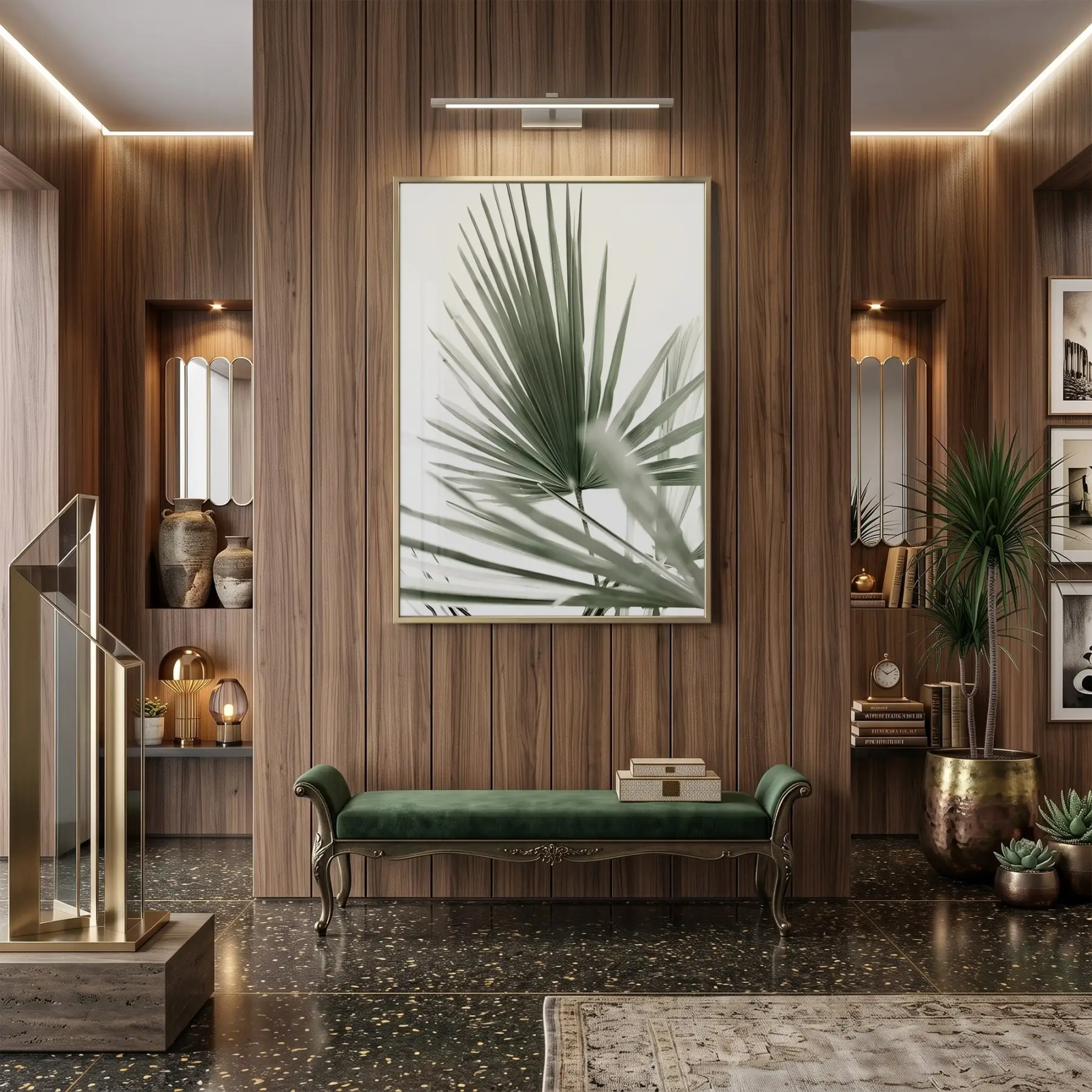 Palmiye Yaprağı Yeşil Gri Tonlar Tekli Gold Metal Çerçeveli Cam Tablo Poster Dekoratif