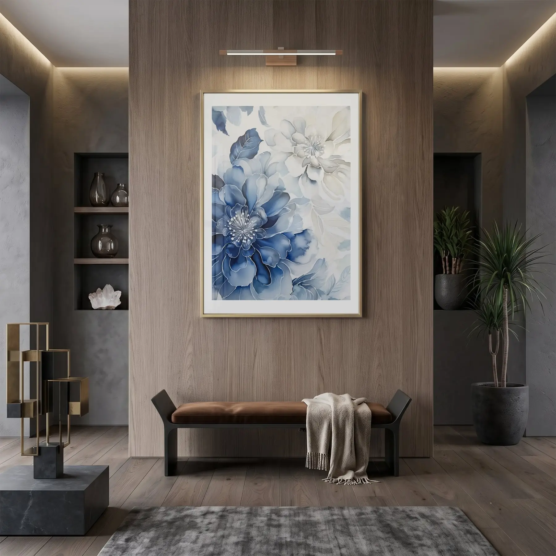 Büyük Şakayık Buz Mavisi Tonlar Tekli Gold Metal Çerçeveli Cam Tablo Salon Oturma
