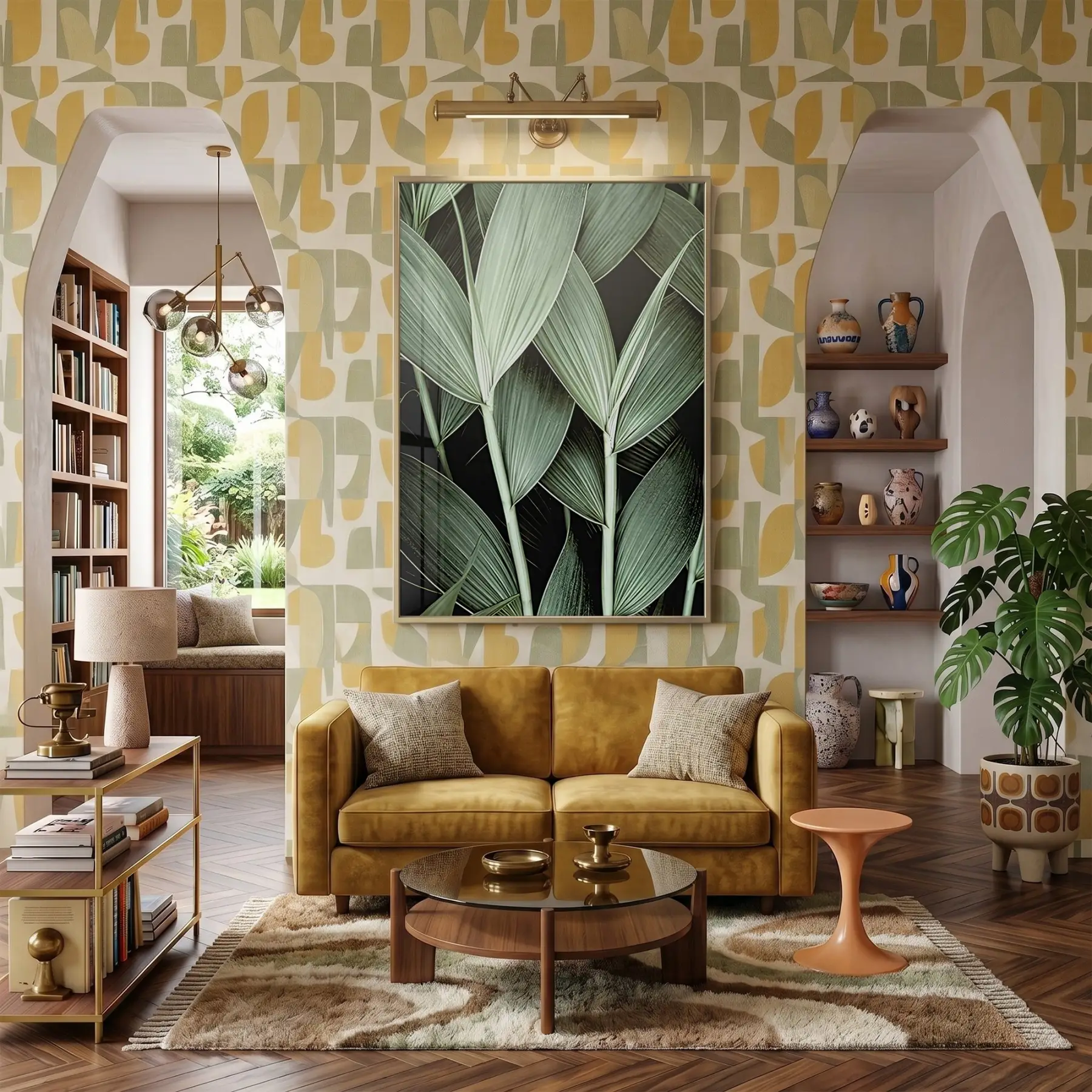 Tropikal Yapraklar Orman Yeşili Tonları Tekli Gold Metal Çerçeveli Cam Tablo Poster Dekoratif