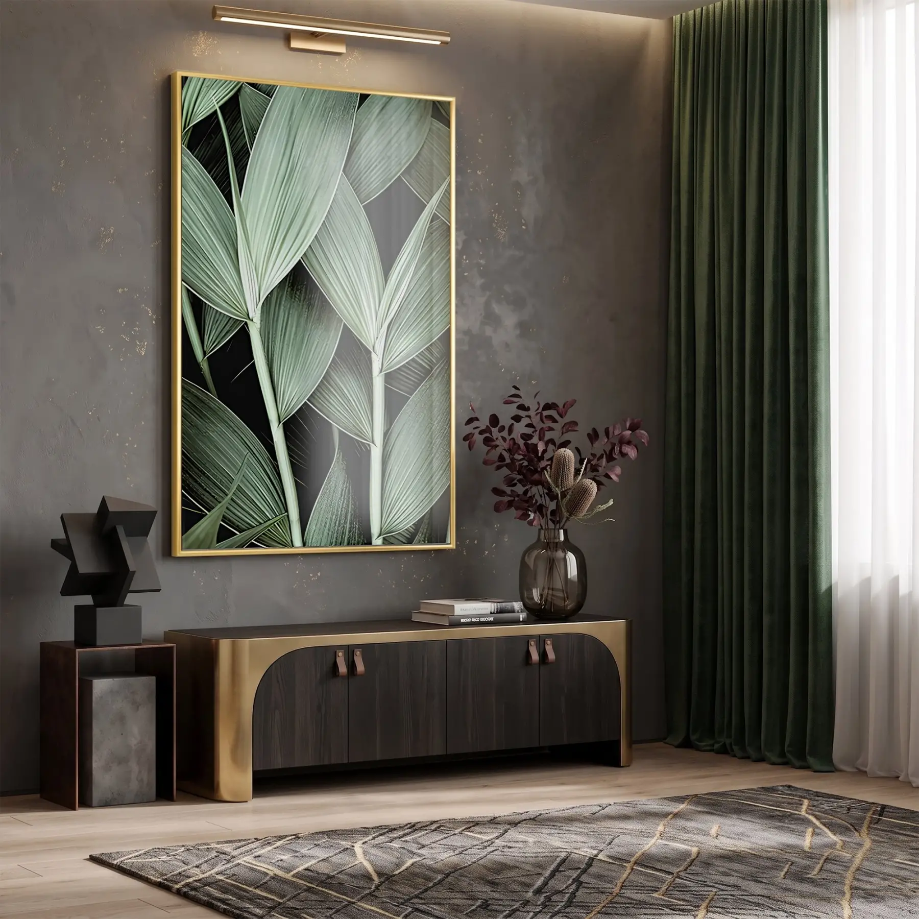 Tropikal Yapraklar Orman Yeşili Tonları Tekli Gold Metal Çerçeveli Cam Tablo Poster Dekoratif