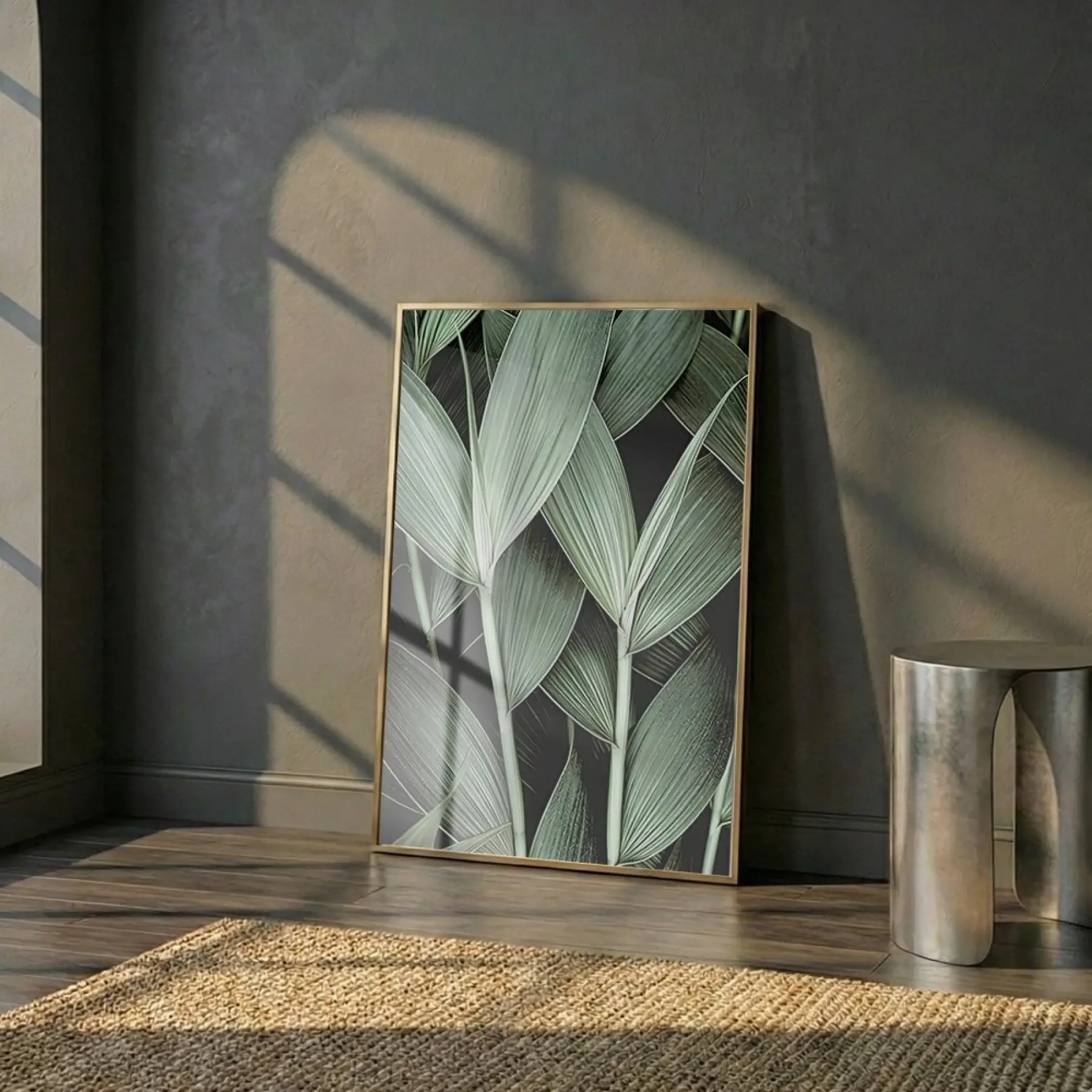 Tropikal Yapraklar Orman Yeşili Tonları Tekli Gold Metal Çerçeveli Cam Tablo Poster Dekoratif