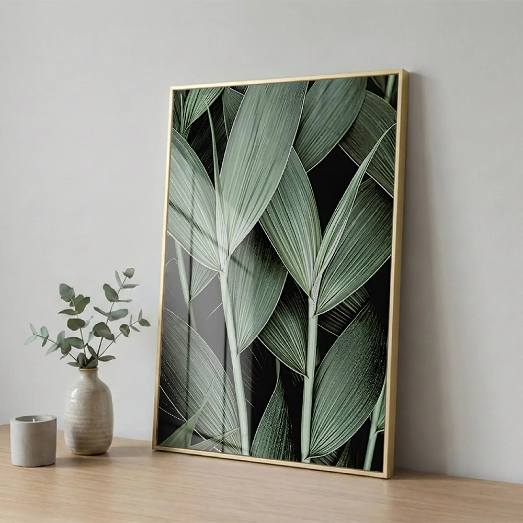 Tropikal Yapraklar Orman Yeşili Tonları Tekli Gold Metal Çerçeveli Cam Tablo Poster Dekoratif