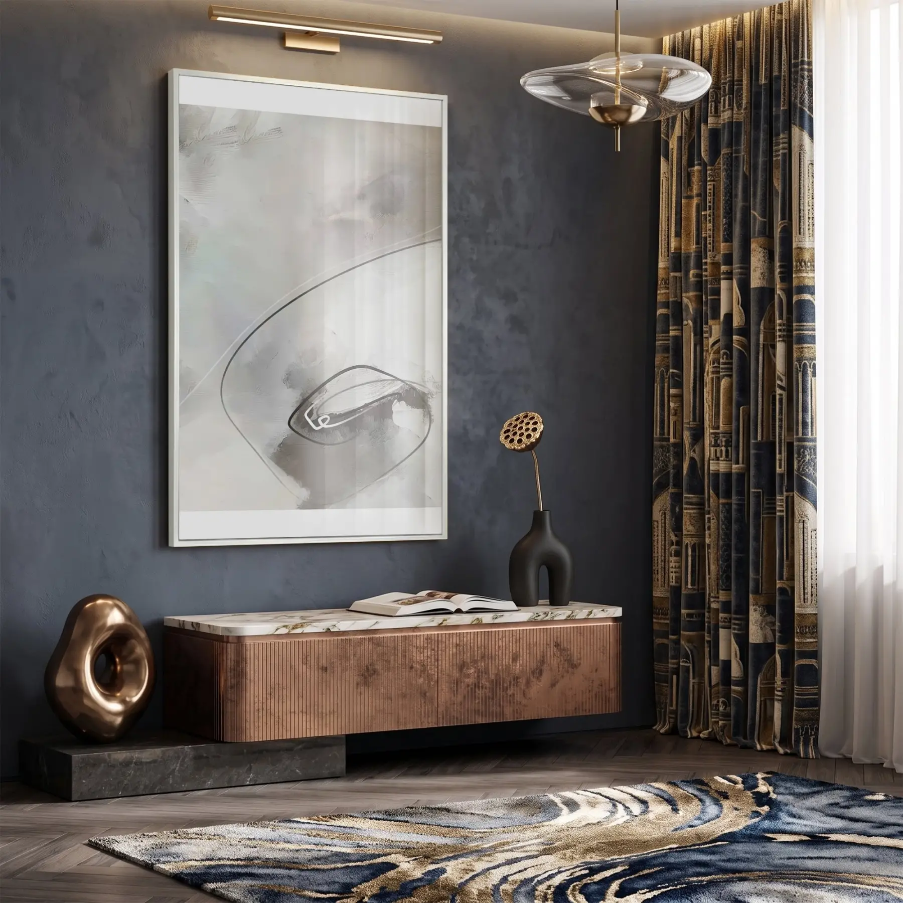 Soyut Akış Nötr Gri Tonlar Tekli Beyaz Metal Çerçeveli Cam Tablo Duvar Salon