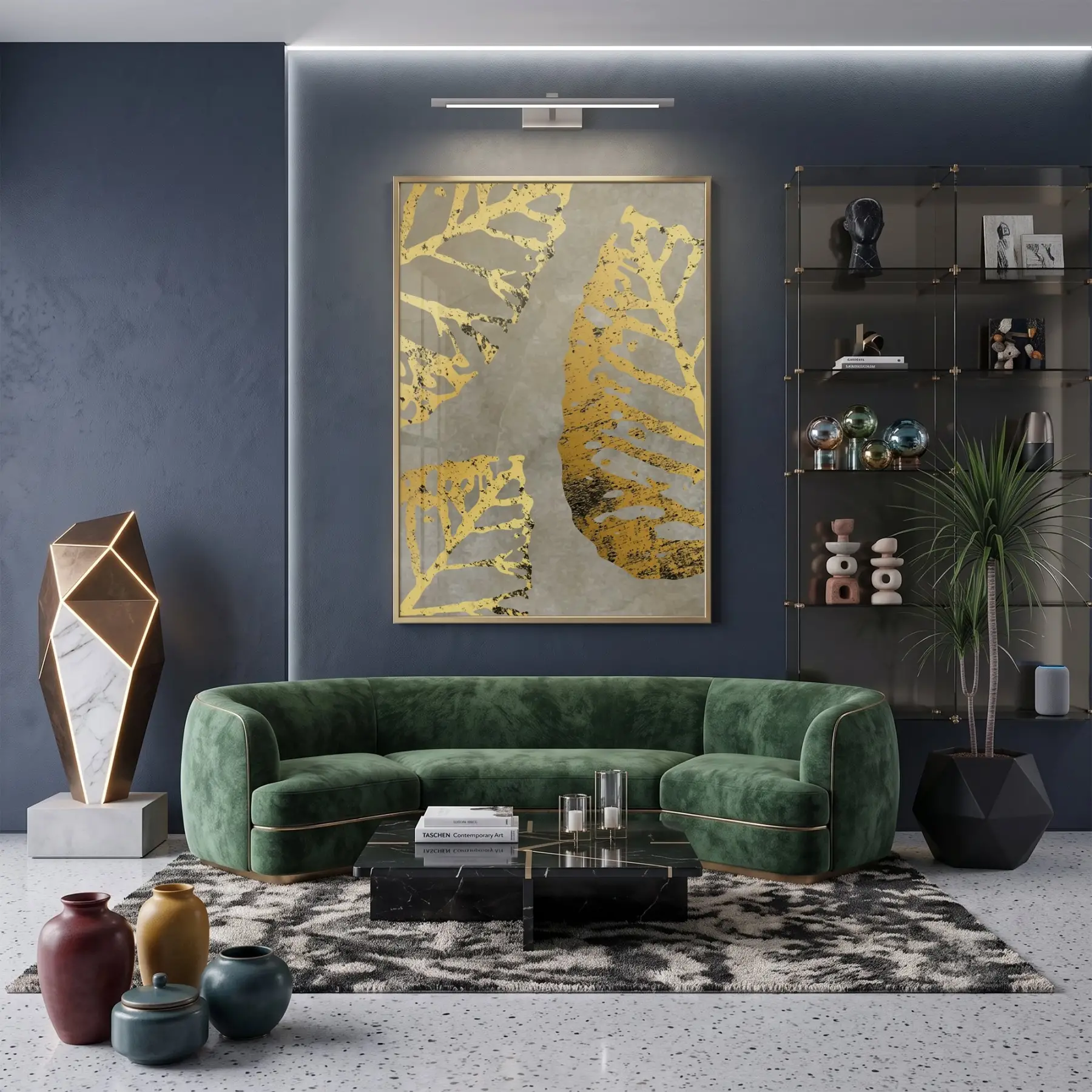 Altın Yapraklar Grisi Tonları Tekli Gold Metal Çerçeveli Cam Tablo Duvar Salon Aksesuarları