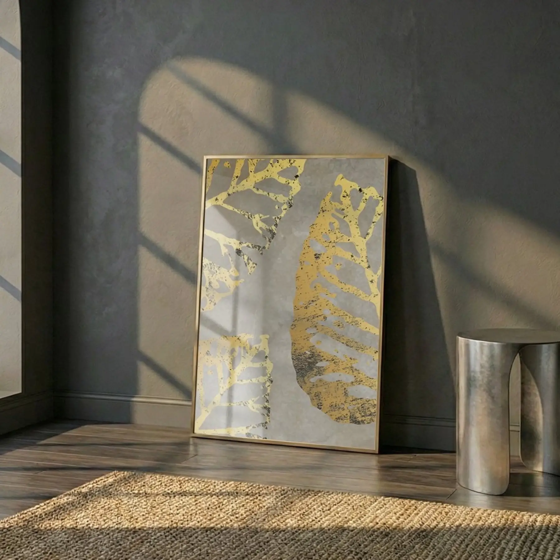 Altın Yapraklar Grisi Tonları Tekli Gold Metal Çerçeveli Cam Tablo Duvar Salon Aksesuarları