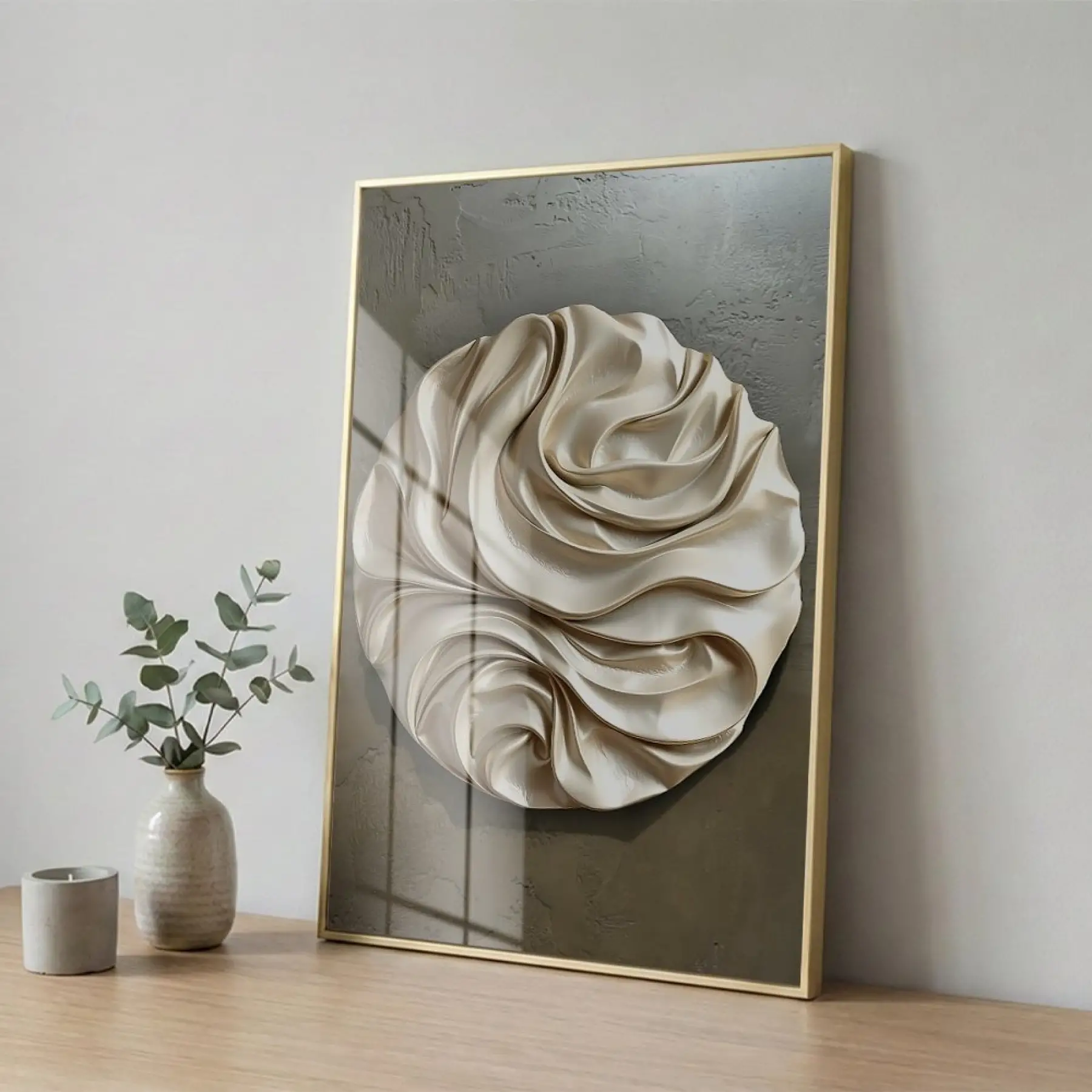 Soyut Kıvrım Bej Gri Tonları Tekli Gold Metal Çerçeveli Cam Tablo Yatak Odası