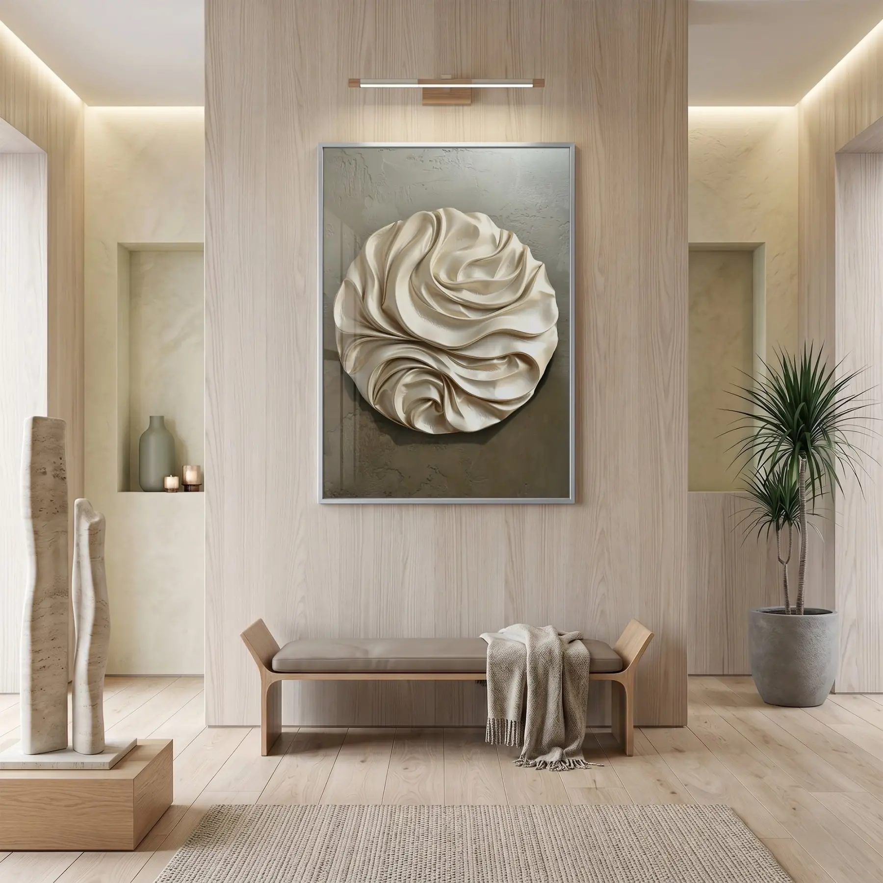 Soyut Kıvrım Bej Gri Tonları Tekli Gümüş Metal Çerçeveli Cam Tablo Duvar Salon