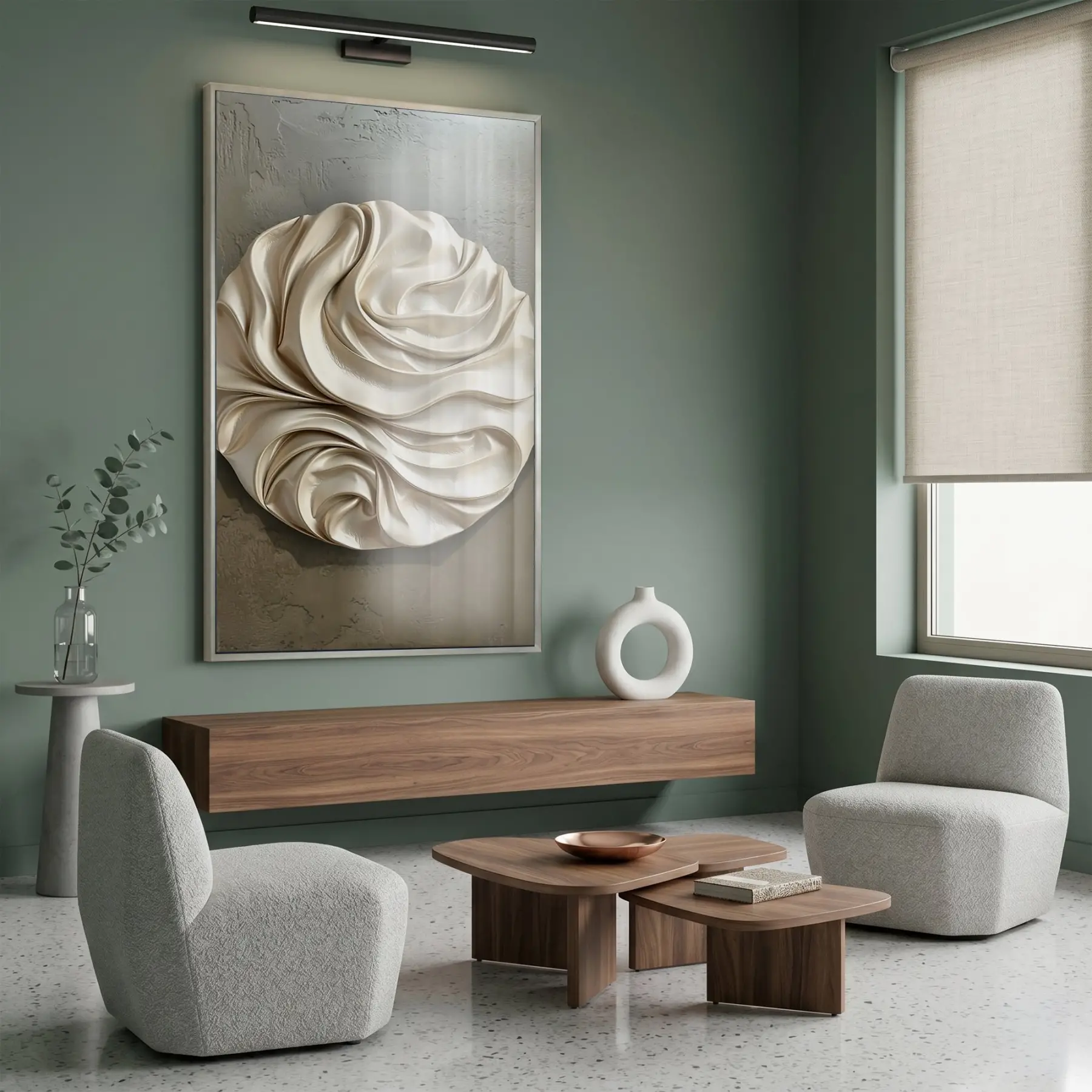 Soyut Kıvrım Bej Gri Tonları Tekli Gümüş Metal Çerçeveli Cam Tablo Duvar Salon