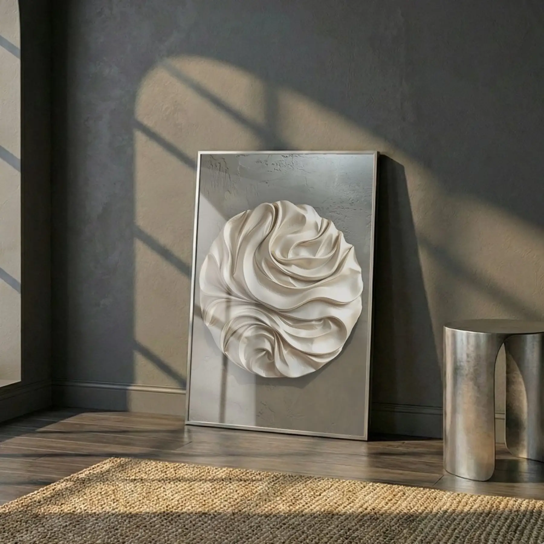 Soyut Kıvrım Bej Gri Tonları Tekli Gümüş Metal Çerçeveli Cam Tablo Duvar Salon