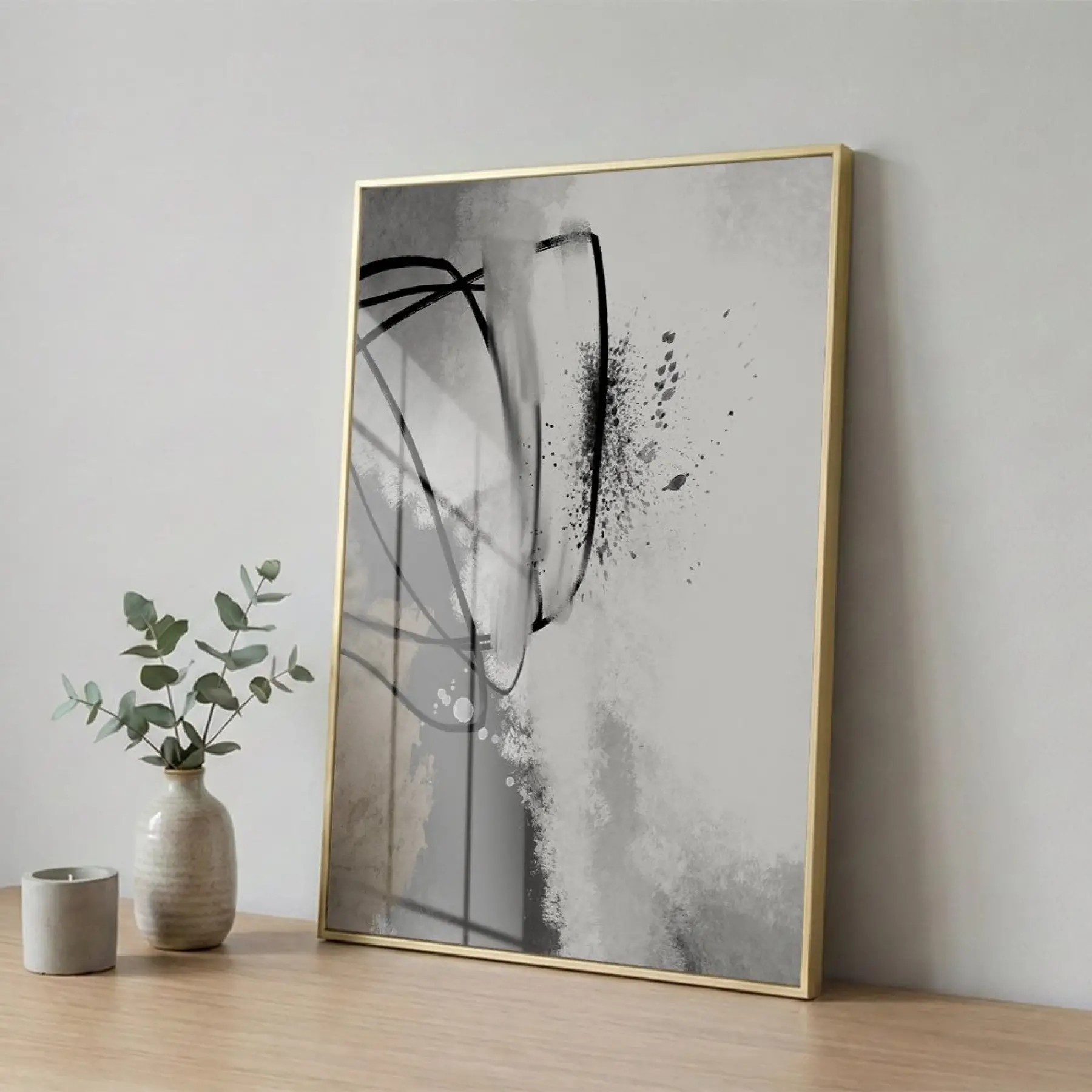 Soyut Hareket Nötr Gri Ton Tekli Gold Metal Çerçeveli Cam Tablo Duvar Salon