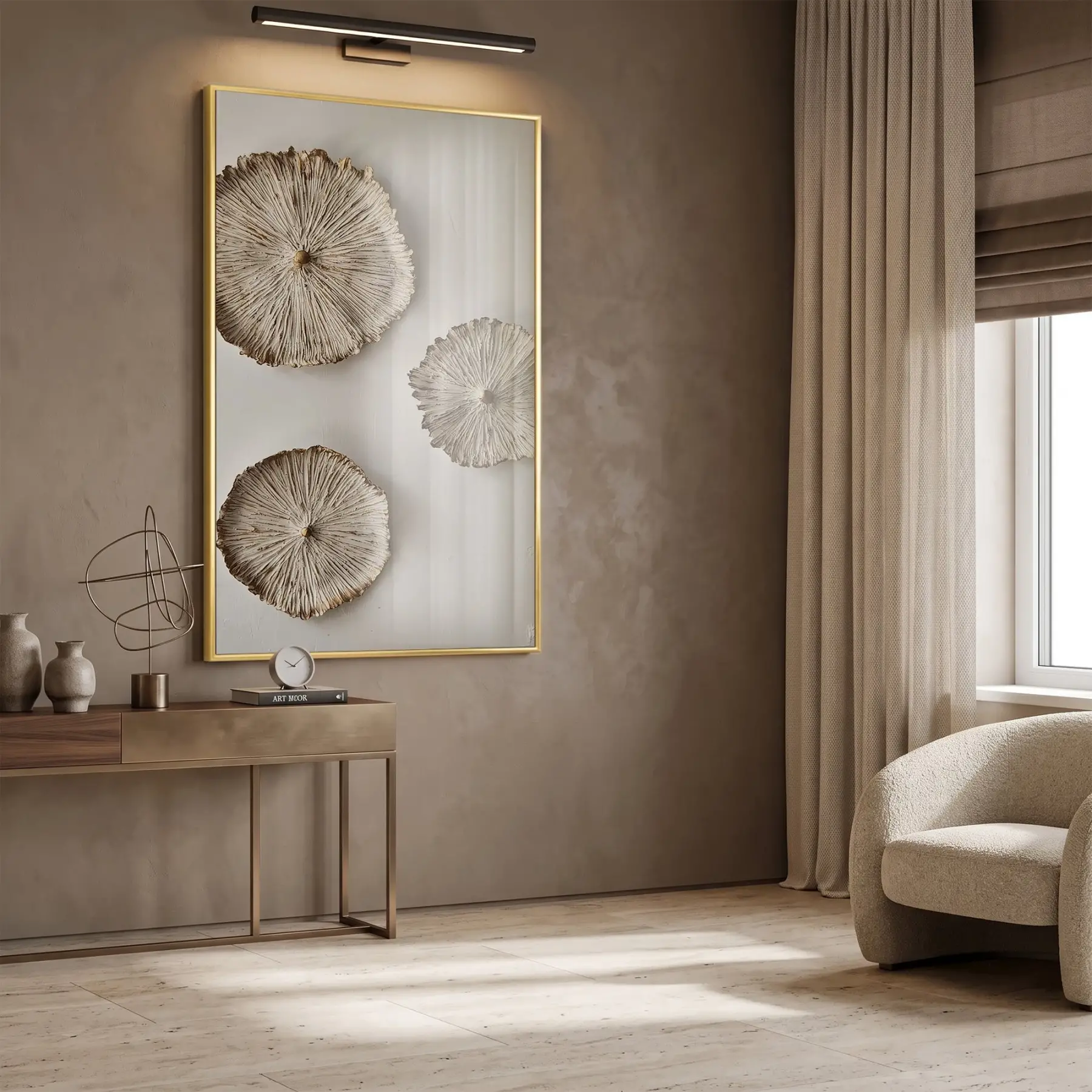 Organik Desen Sıcak Bej Tonlar Tekli Gold Metal Çerçeveli Cam Tablo Salon Oturma