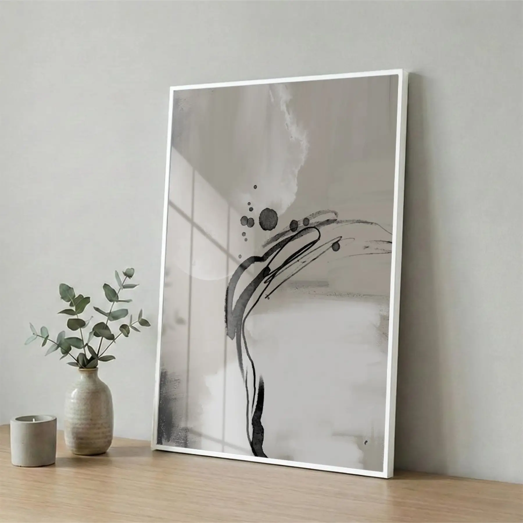 Soyut Akış Açık Bej Tonları Tekli Beyaz Metal Çerçeveli Cam Tablo Poster Dekoratif